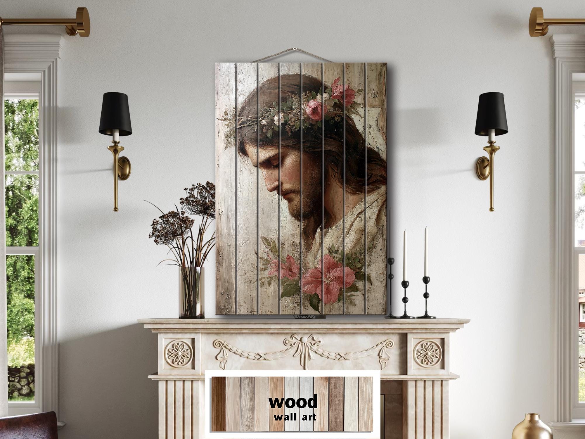 Jesus With Flowers Distressed Wood Wall Art | Rustic Christian Decor
