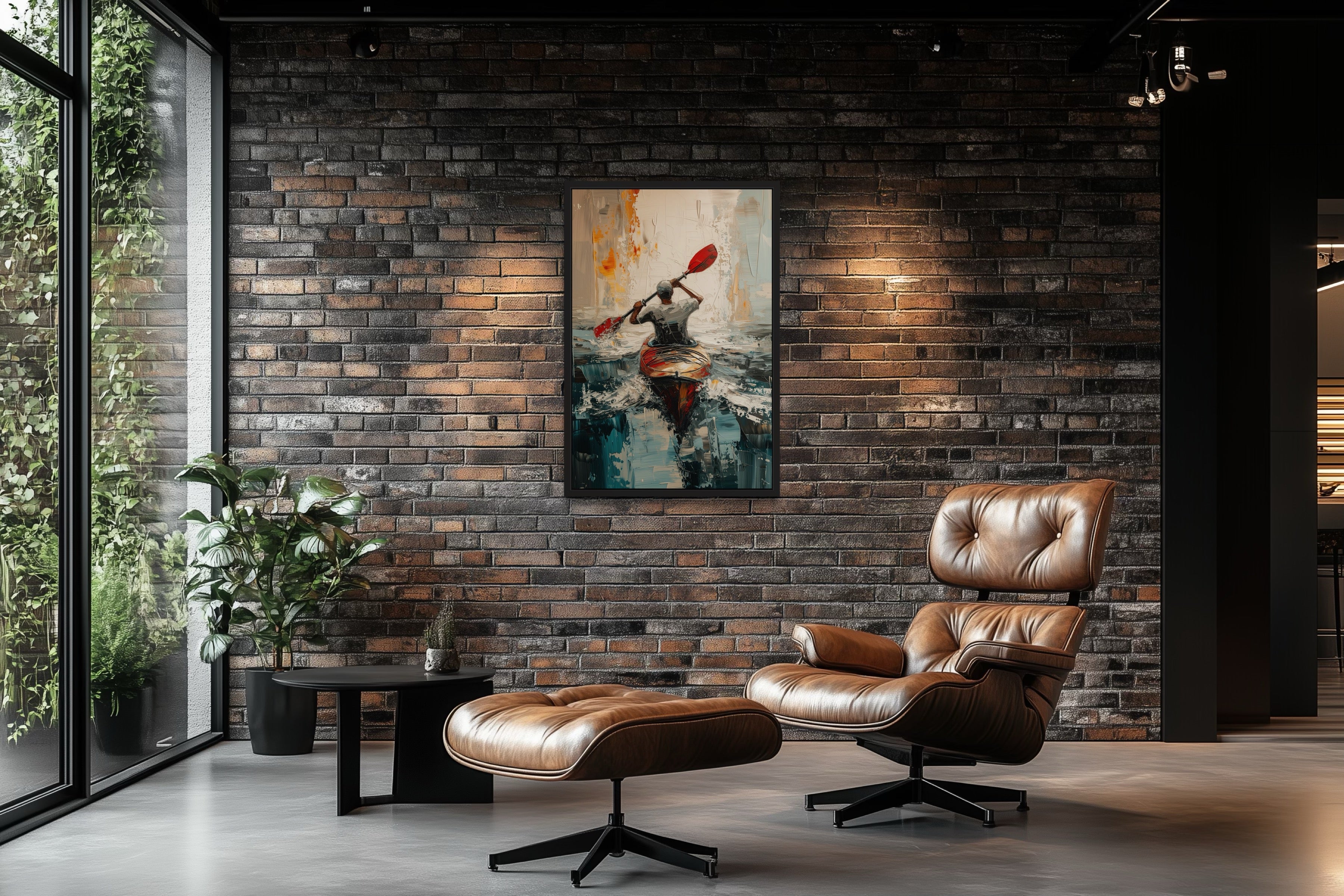 Kayaker In The Lake Abstract Framed Canvas Wall Art