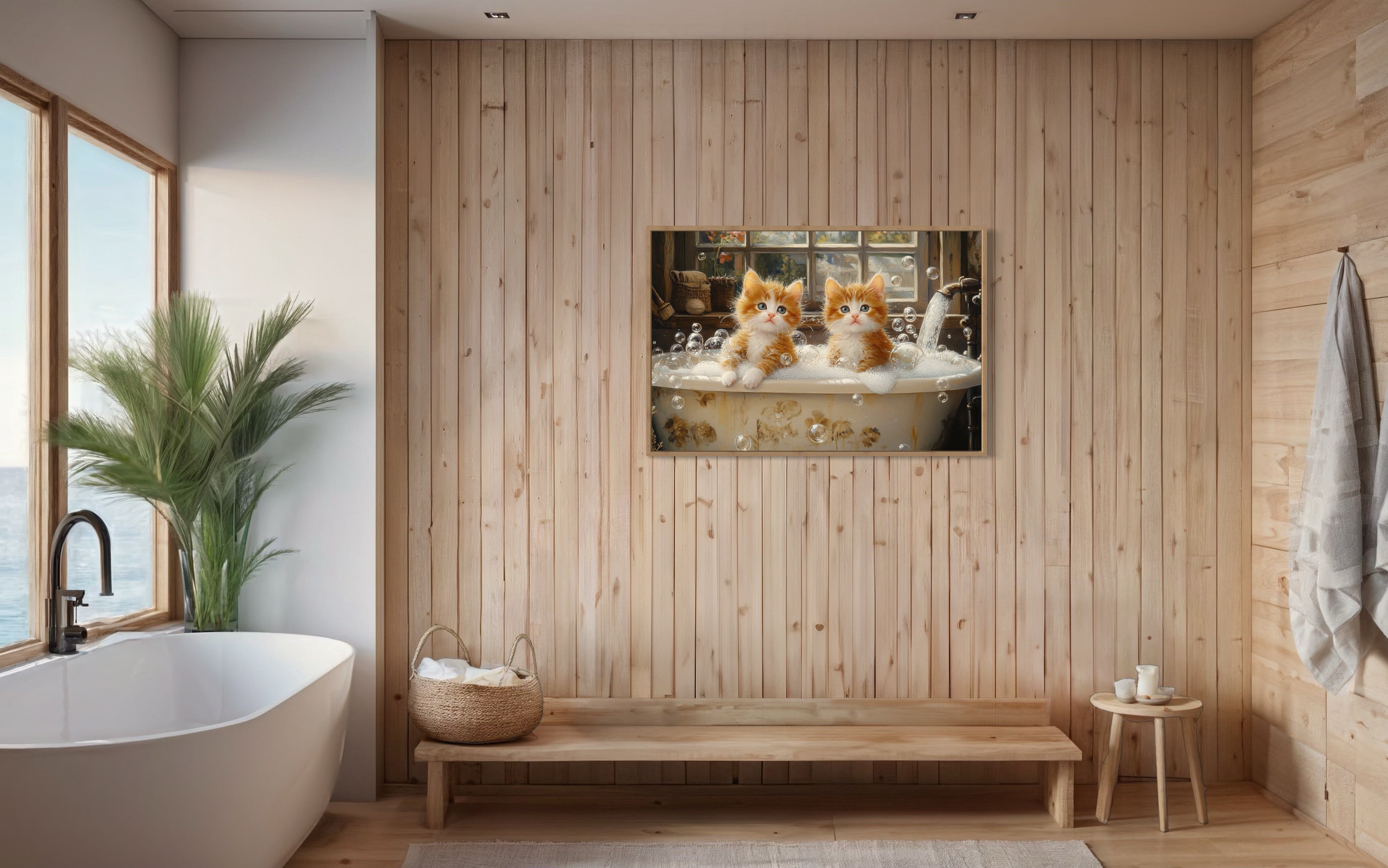 Kittens In Bathtub Framed Canvas Wall Art