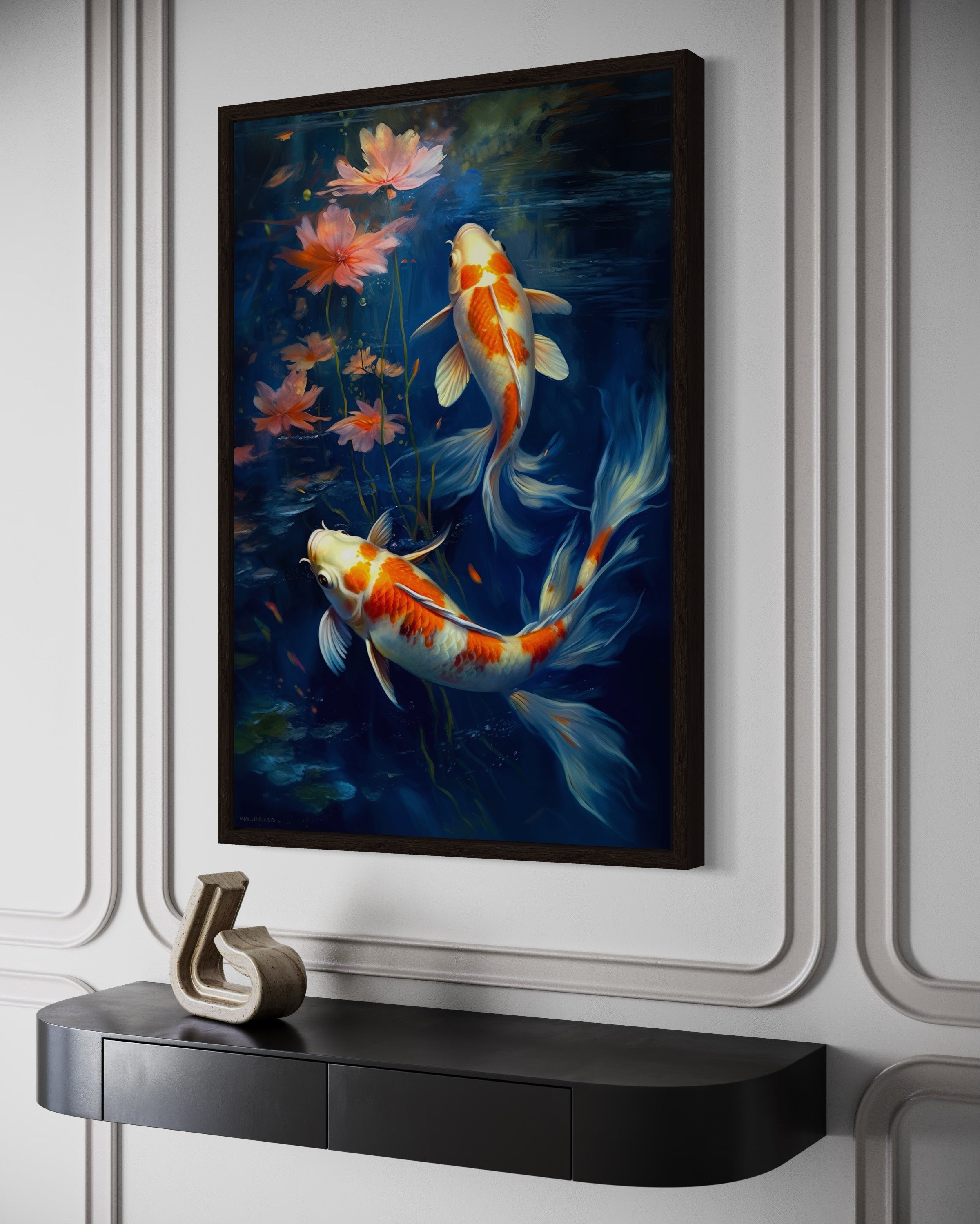 Koi Fish In Navy Blue Water Feng Shui Framed Canvas Wall Art