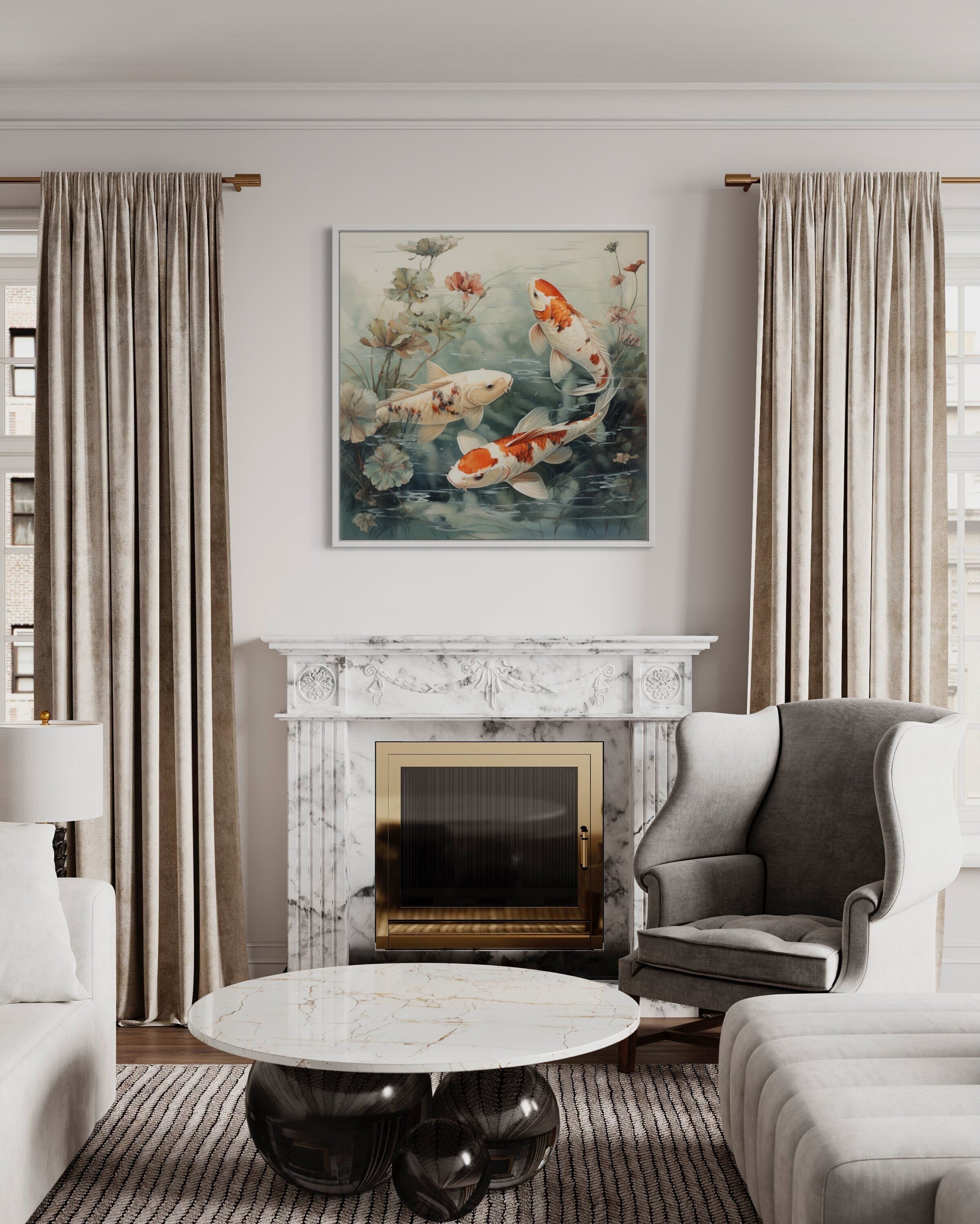Koi Fish In Sage Green Pond Square Framed Canvas Wall Art
