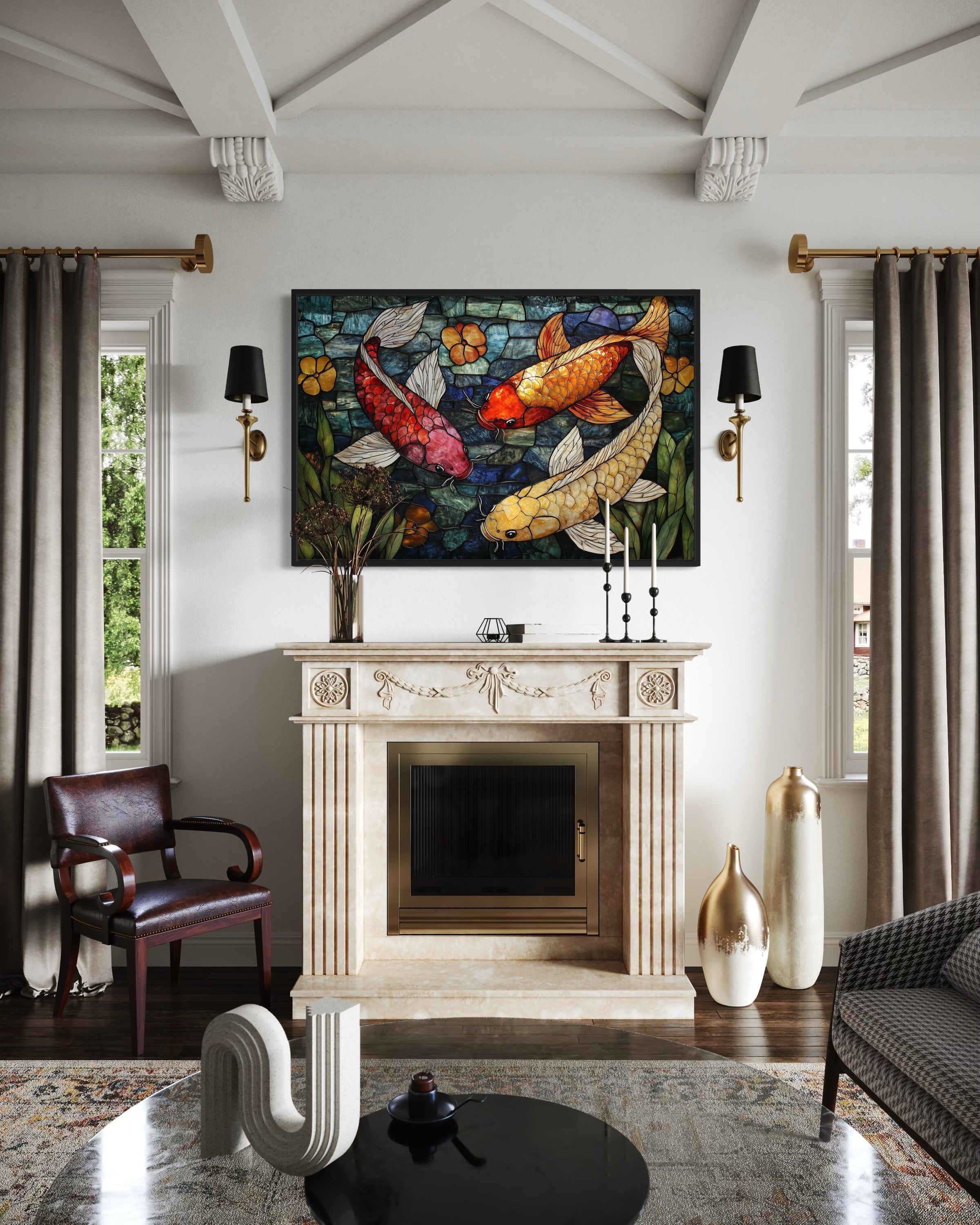 Koi Fish In Stained Glass Style Framed Canvas Wall Art