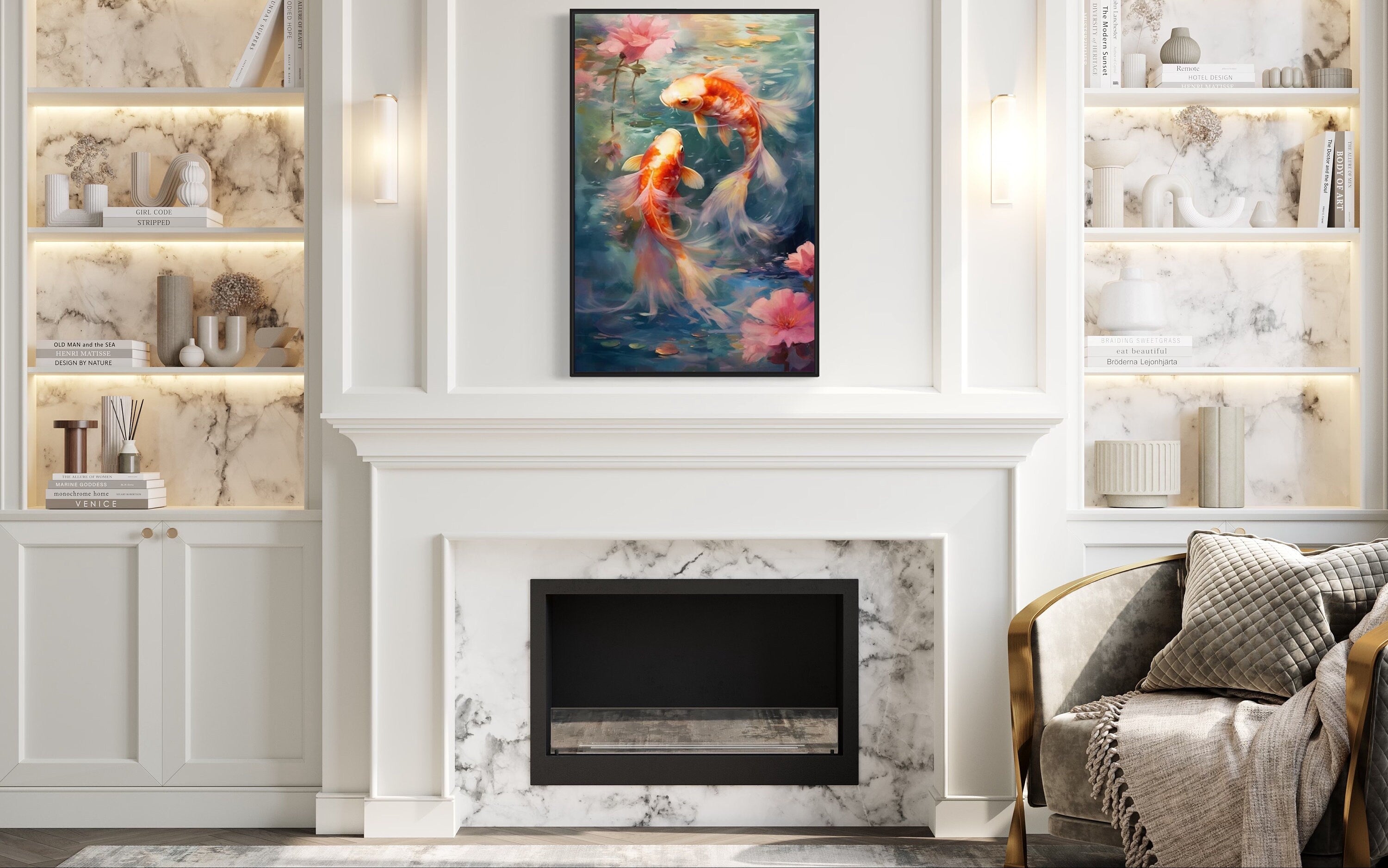 Koi Fish Zen Japanese Framed Canvas Wall Art