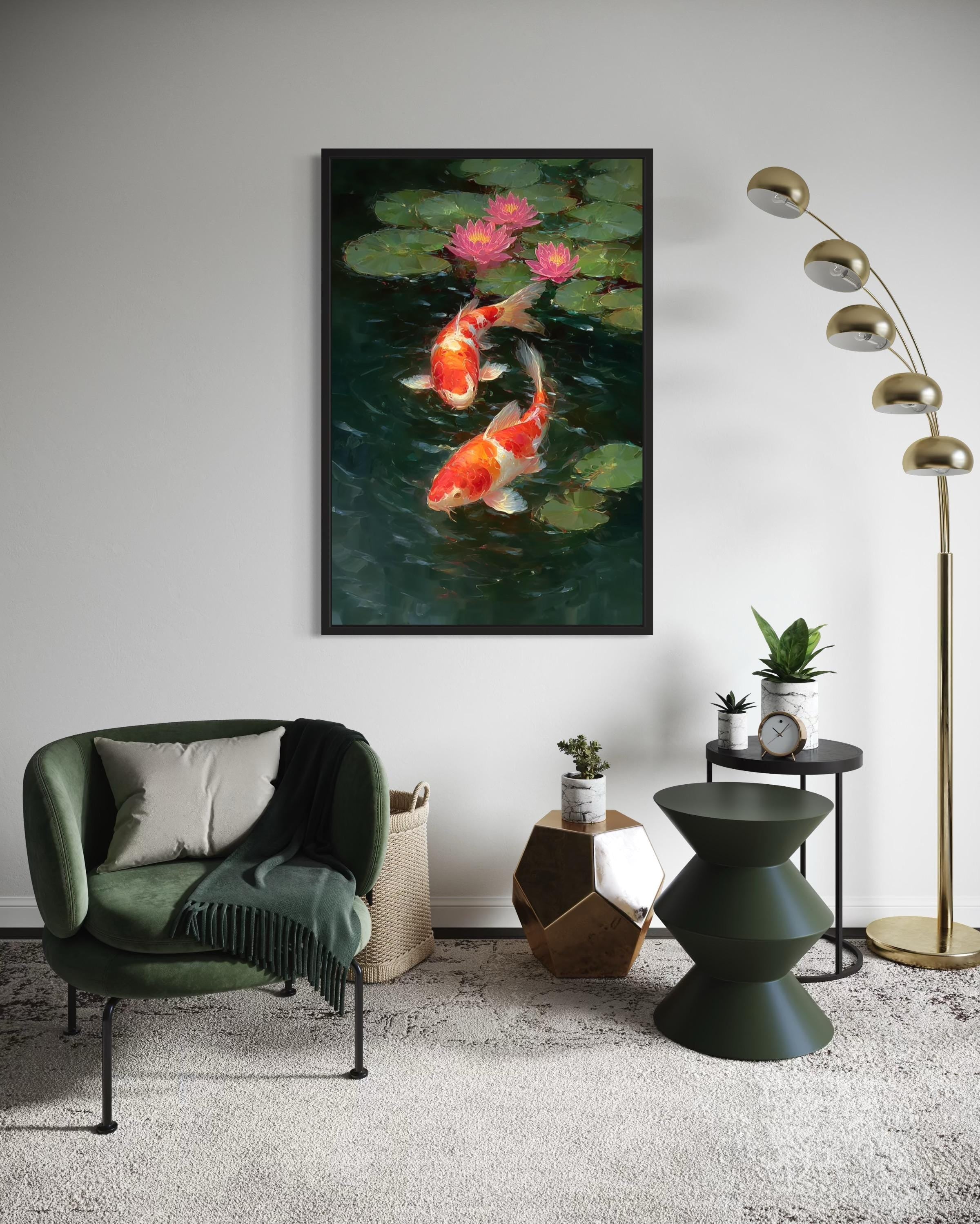 Koi Fish and Water Lilies Vertical Canvas Wall Art