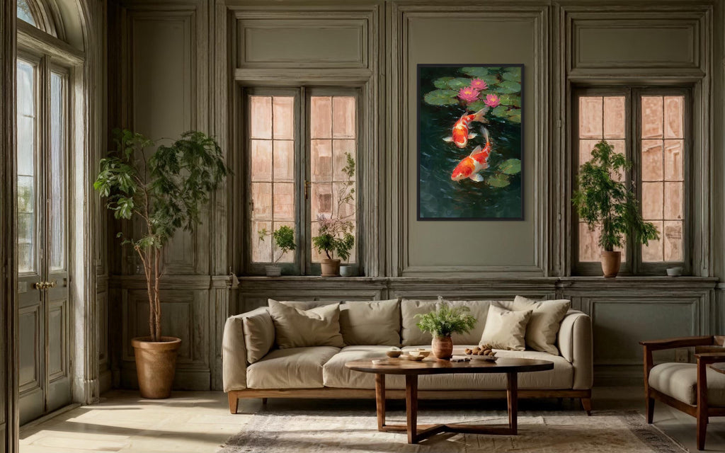 Koi Fish and Water Lilies Vertical Canvas Wall Art