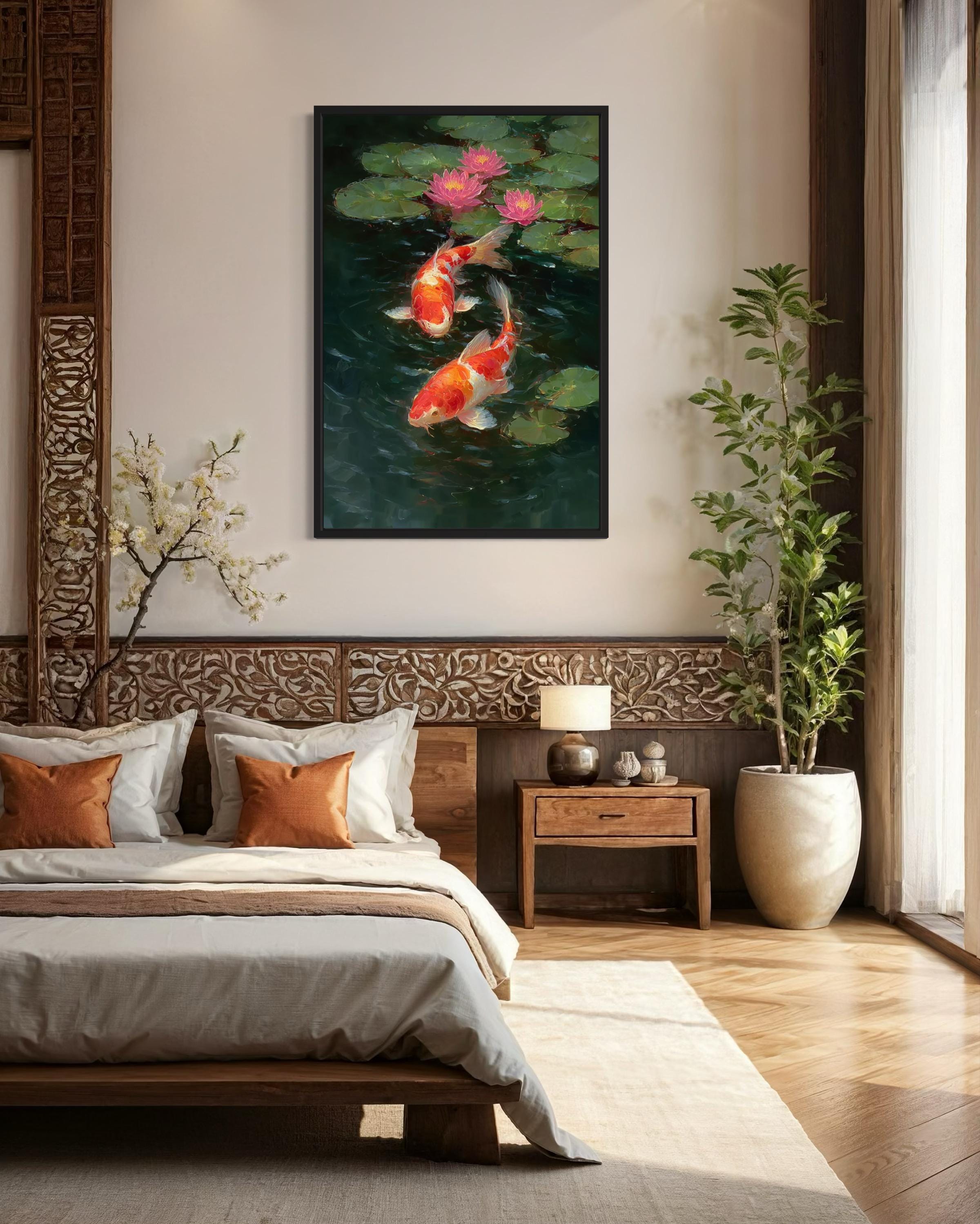 Koi Fish and Water Lilies Vertical Canvas Wall Art