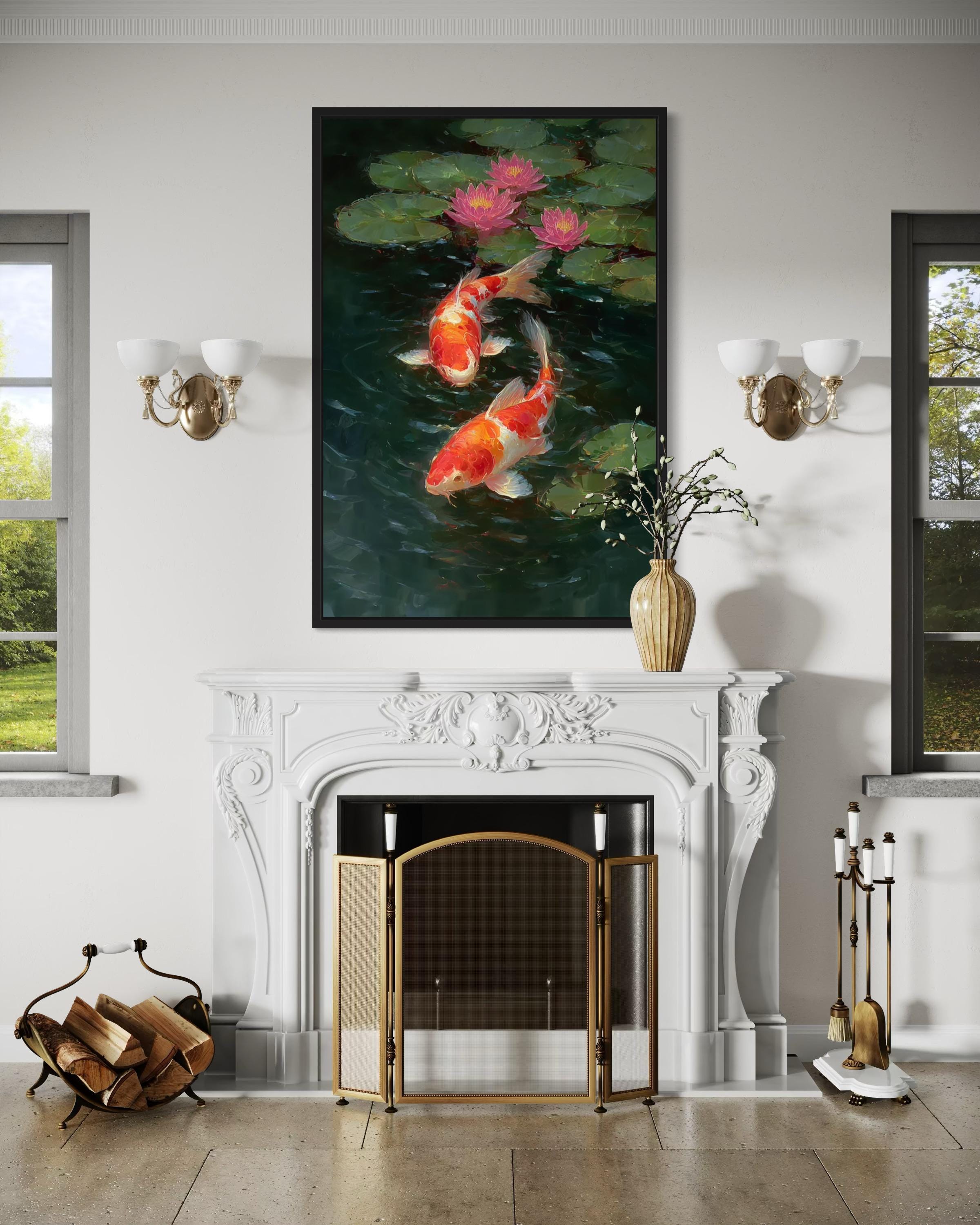 Koi Fish and Water Lilies Vertical Canvas Wall Art
