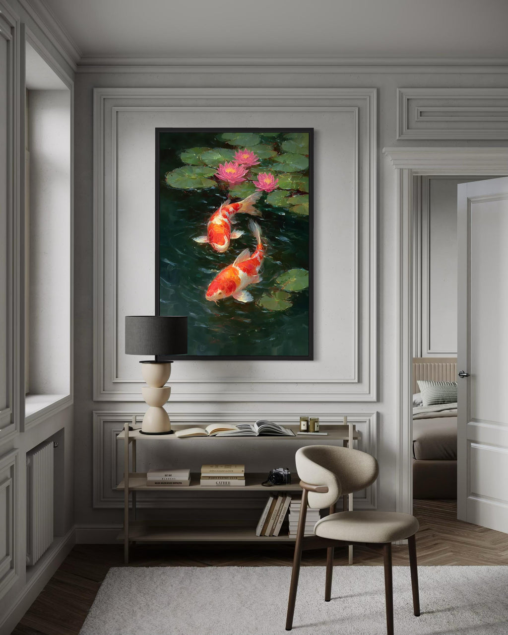 Koi Fish and Water Lilies Vertical Canvas Wall Art