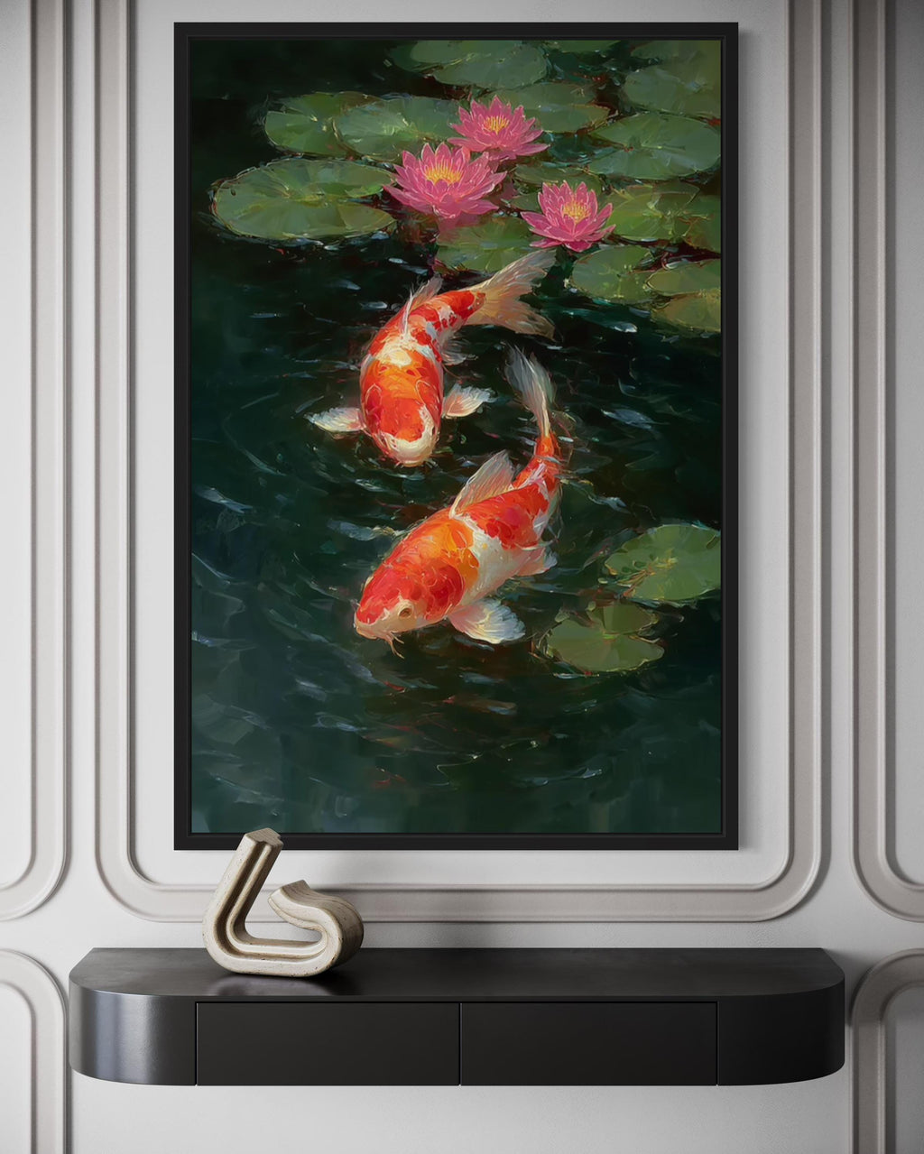 Koi Fish and Water Lilies Vertical Canvas Wall Art