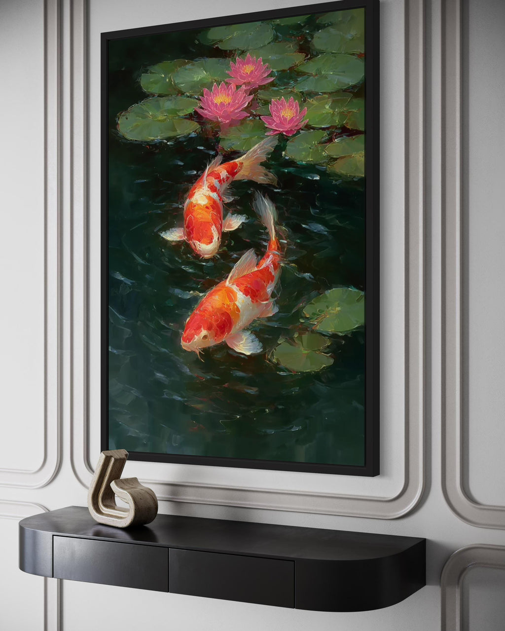 Koi Fish and Water Lilies Vertical Canvas Wall Art