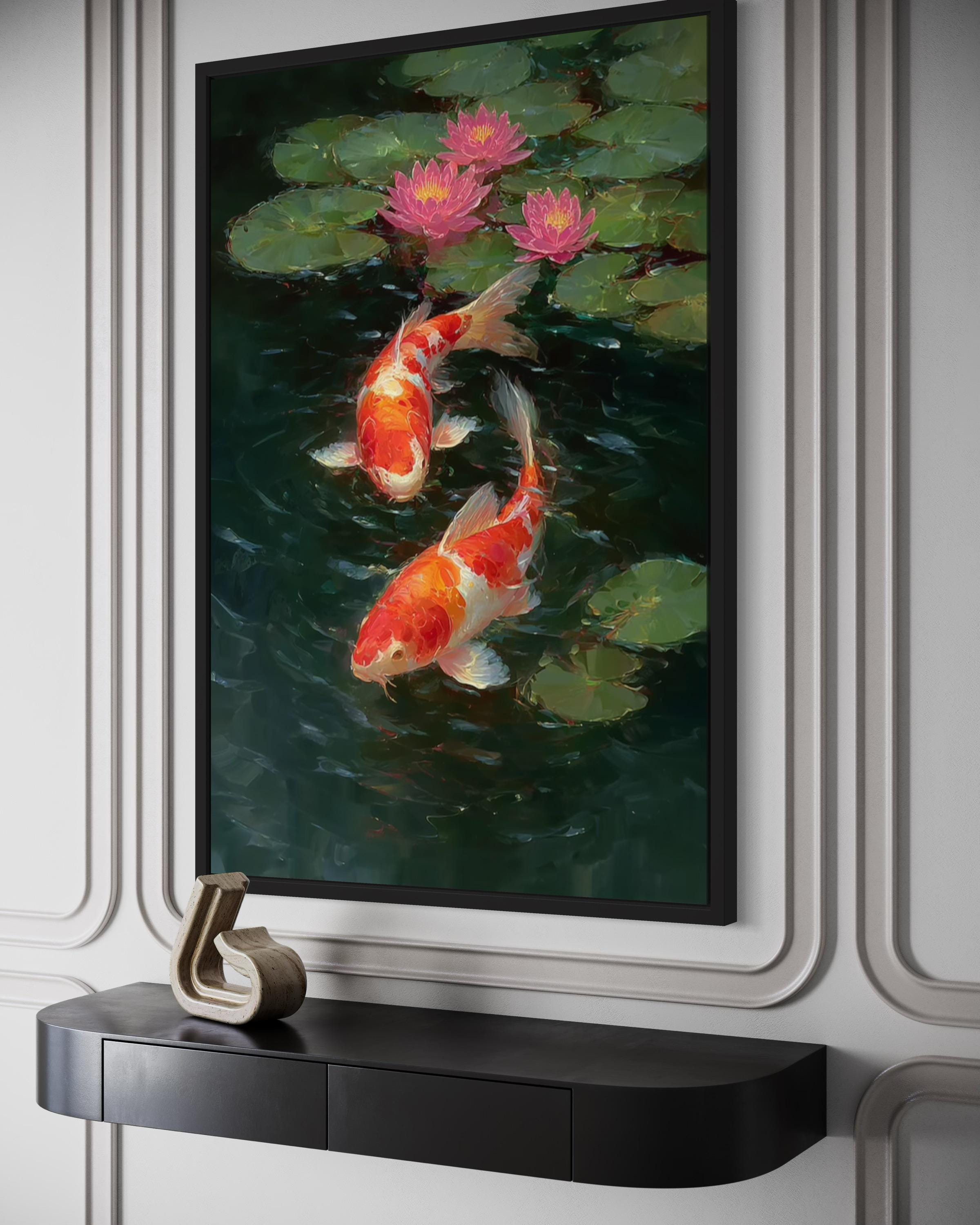 Koi Fish and Water Lilies Vertical Canvas Wall Art