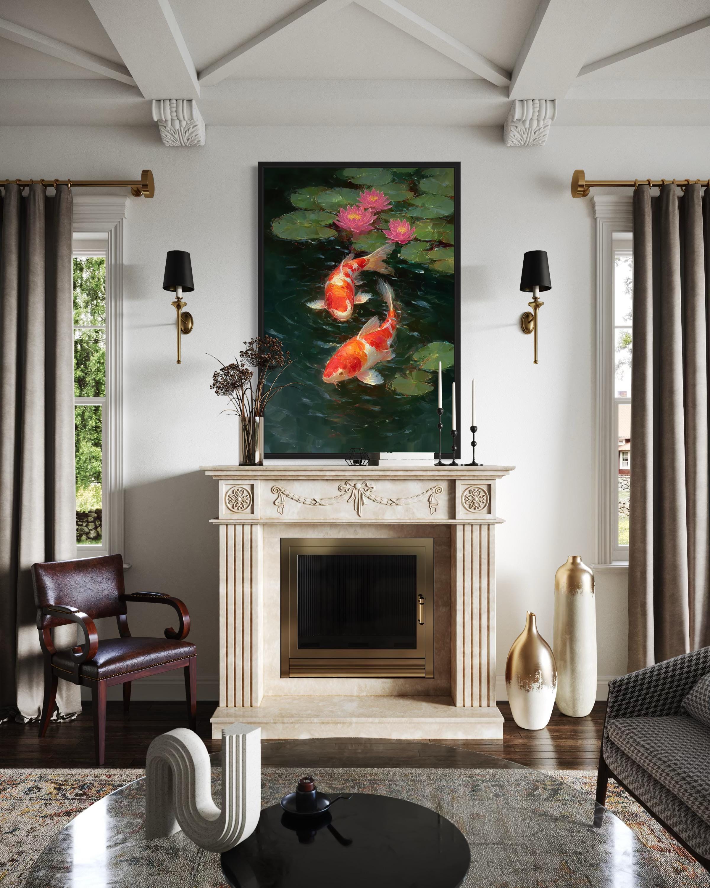 Koi Fish and Water Lilies Vertical Canvas Wall Art