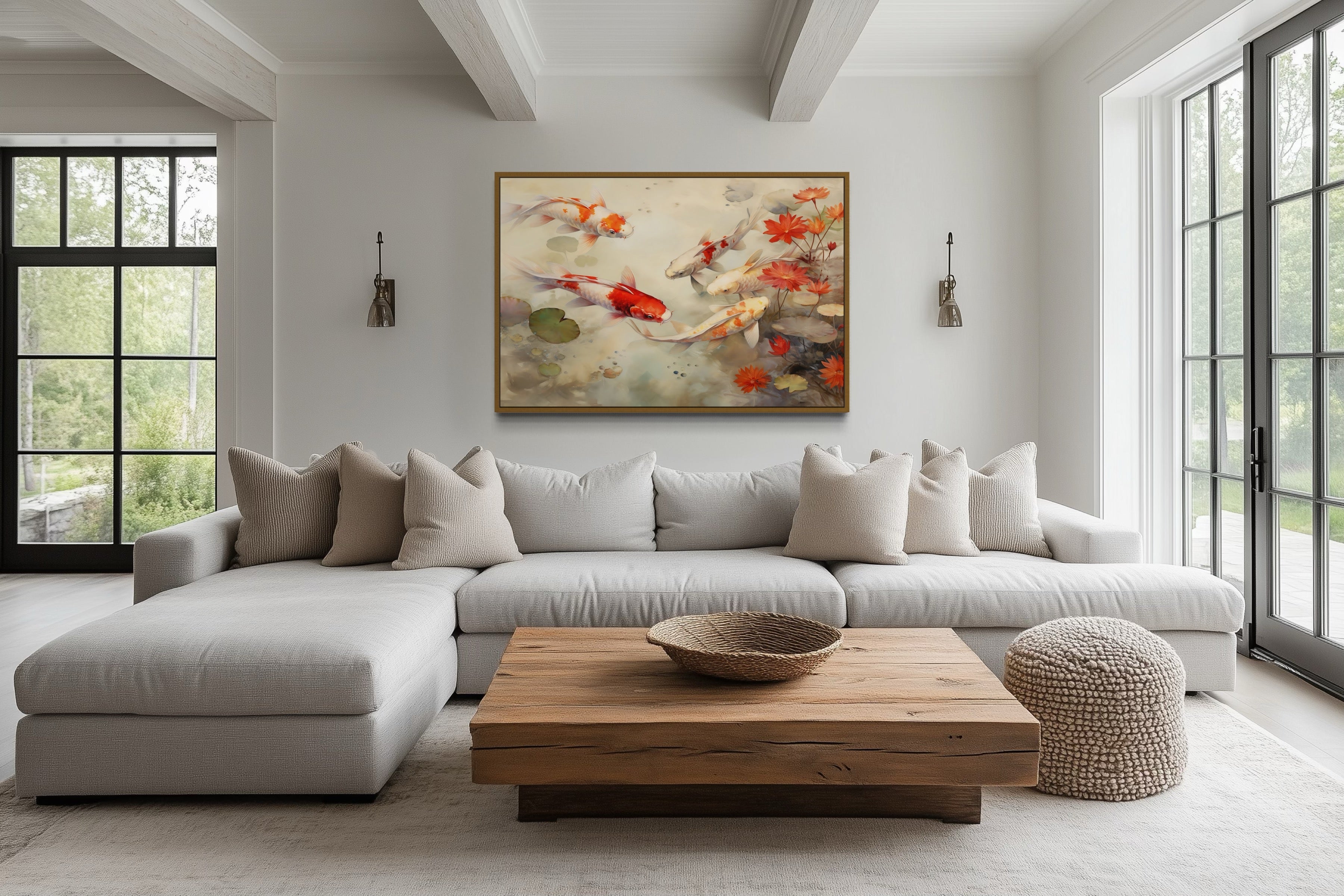 Koi Fish in Sage Green Pond Zen Framed Canvas Wall Art