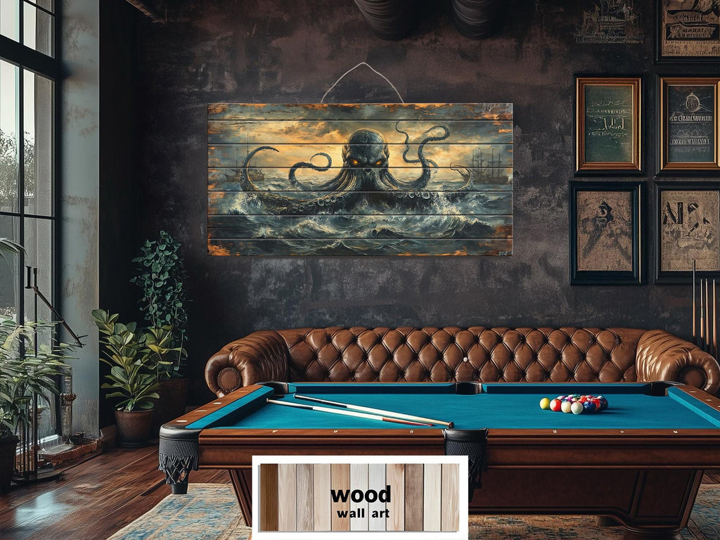 Kraken Wall Art | Storm Ocean Art on Distressed Wood Plank | Rustic Nautical Decor for Men