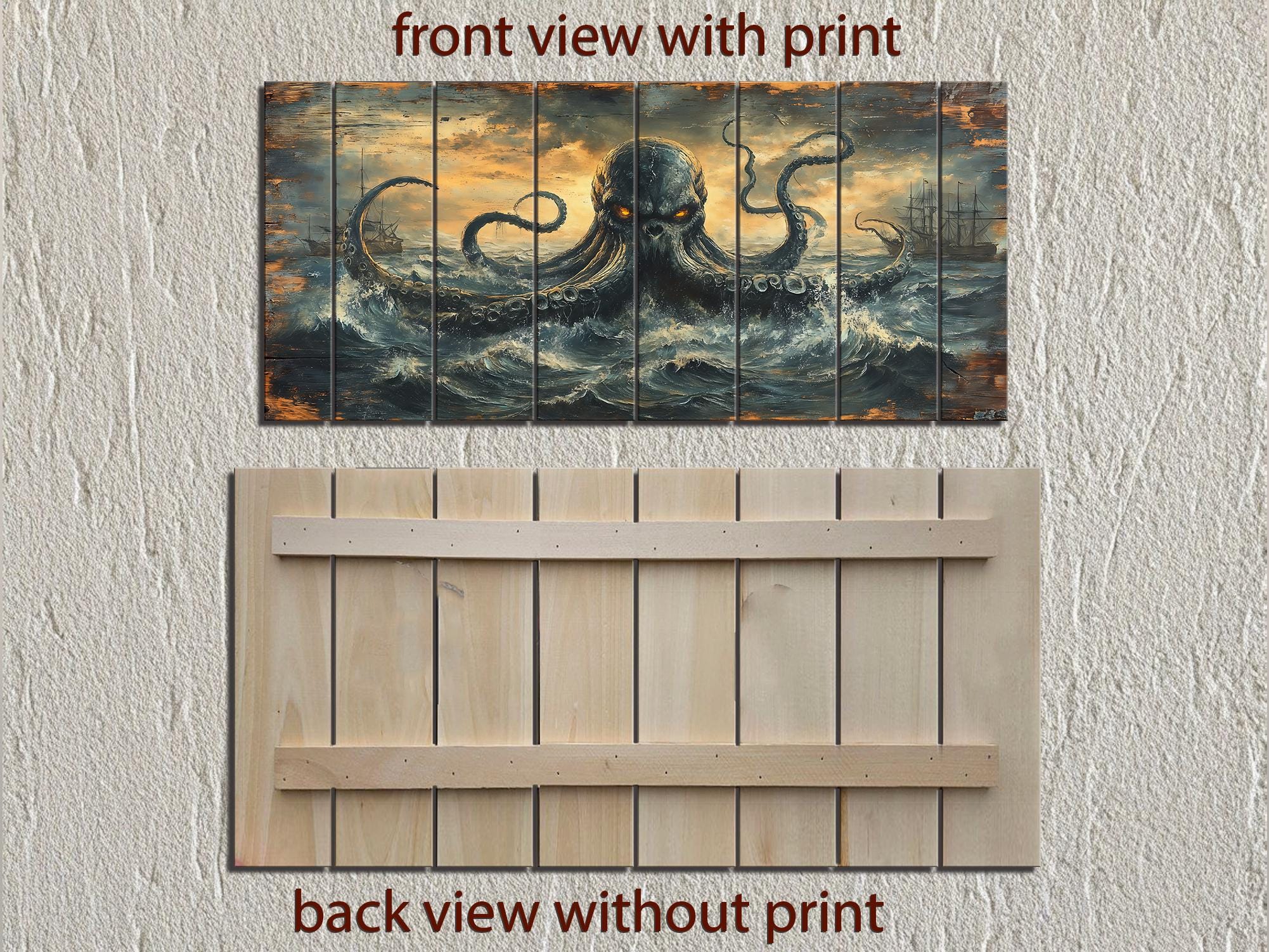 Kraken Wall Art | Storm Ocean Art on Distressed Wood Plank | Rustic Nautical Decor for Men