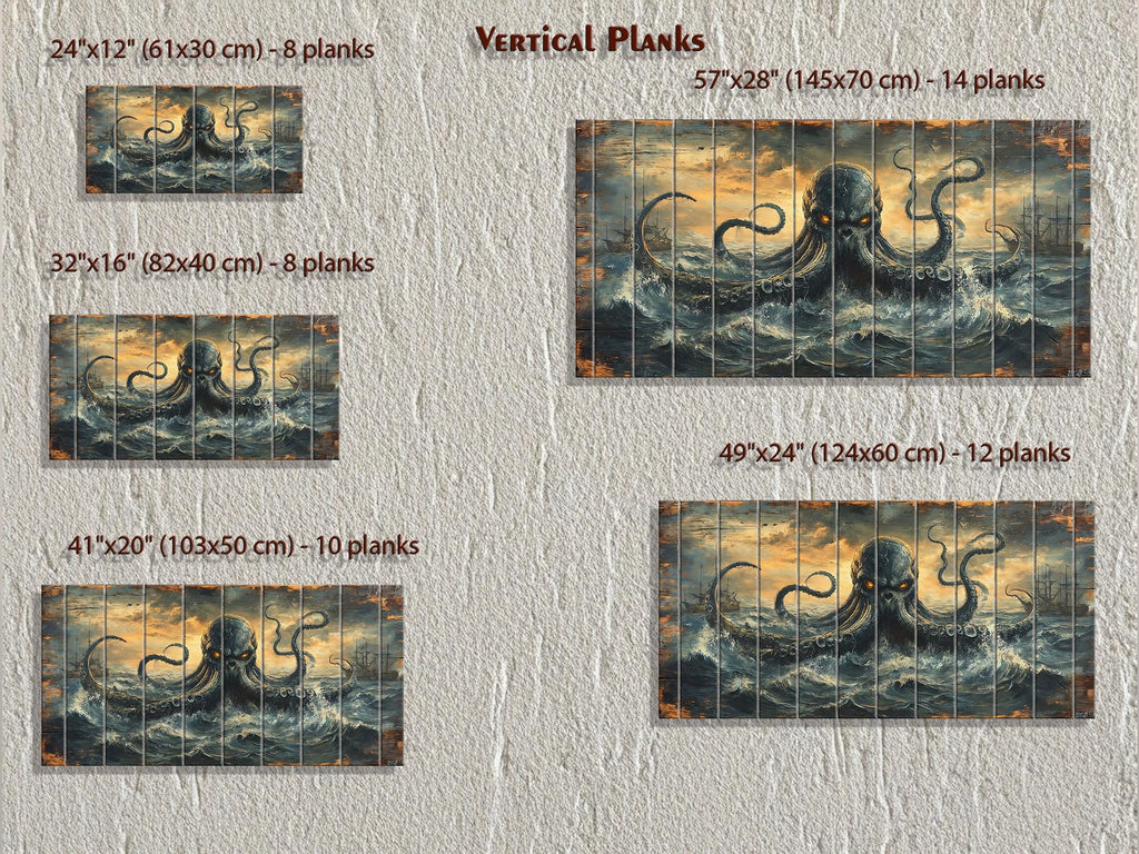 Kraken Wall Art | Storm Ocean Art on Distressed Wood Plank | Rustic Nautical Decor for Men