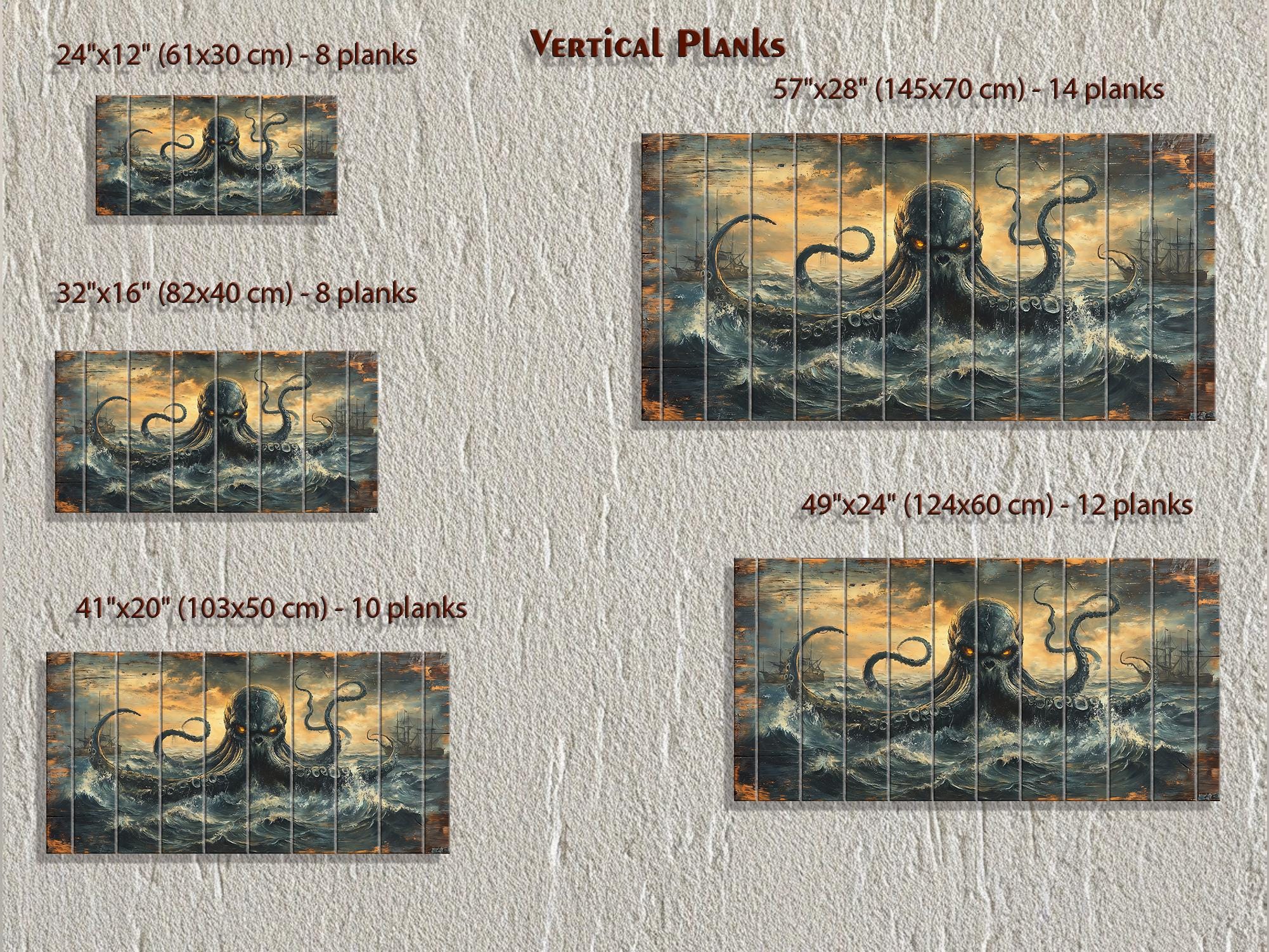 Kraken Wall Art | Storm Ocean Art on Distressed Wood Plank | Rustic Nautical Decor for Men