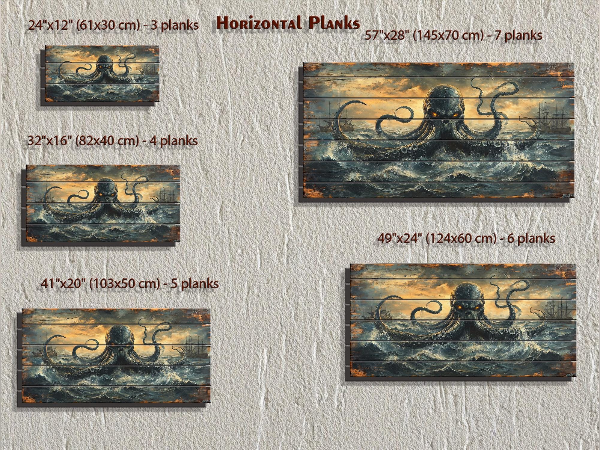 Kraken Wall Art | Storm Ocean Art on Distressed Wood Plank | Rustic Nautical Decor for Men