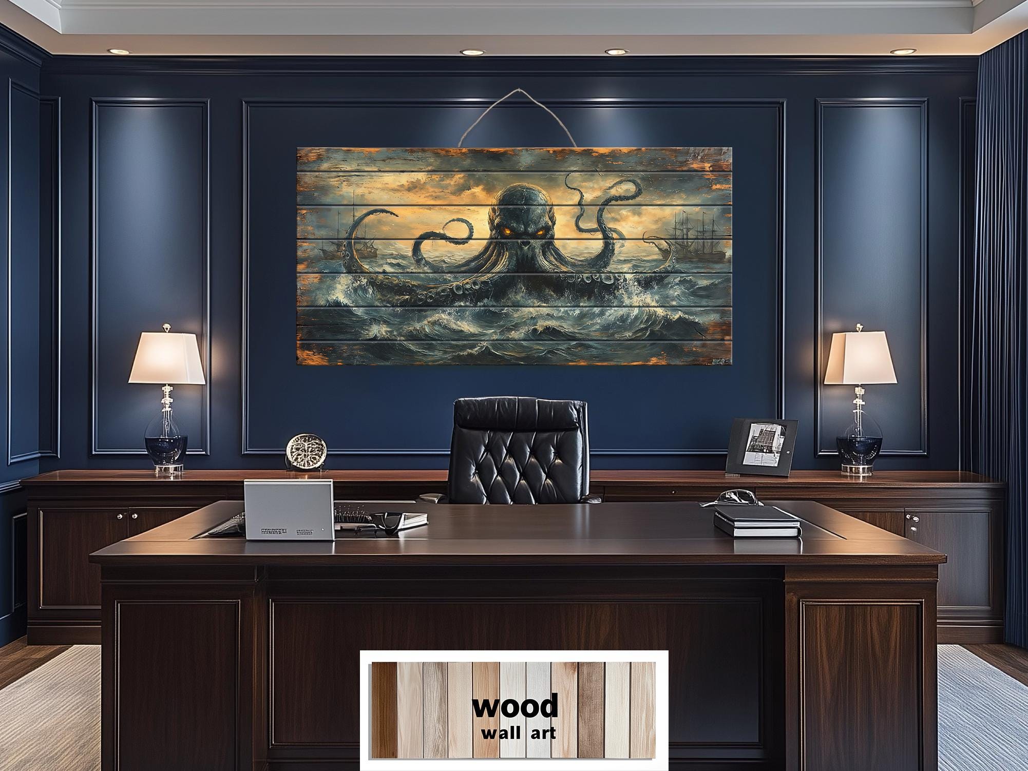 Kraken Wall Art | Storm Ocean Art on Distressed Wood Plank | Rustic Nautical Decor for Men