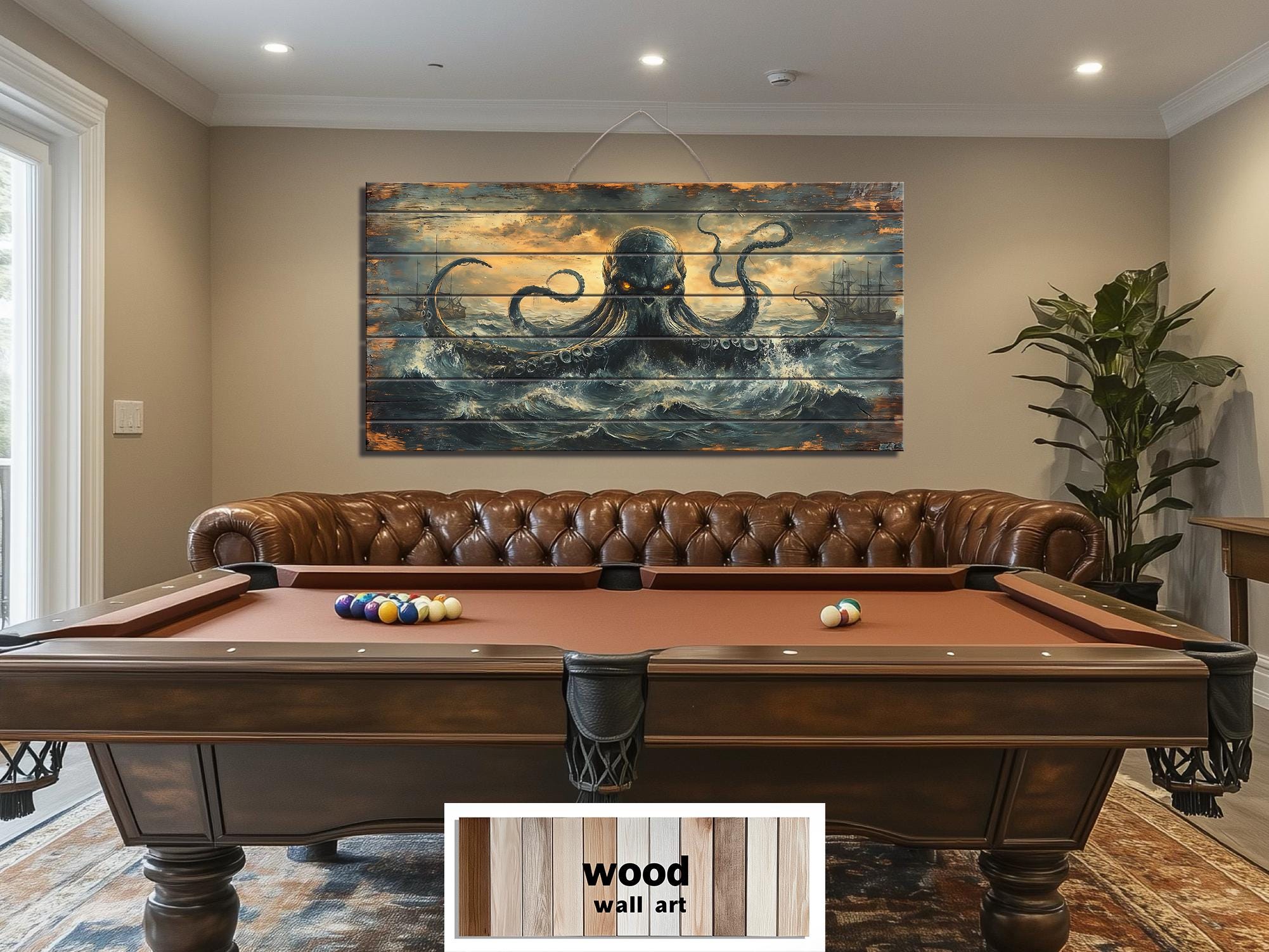 Kraken Wall Art | Storm Ocean Art on Distressed Wood Plank | Rustic Nautical Decor for Men