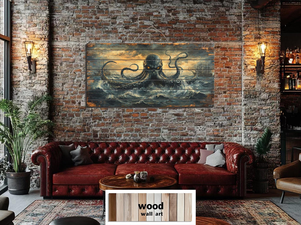 Kraken Wall Art | Storm Ocean Art on Distressed Wood Plank | Rustic Nautical Decor for Men