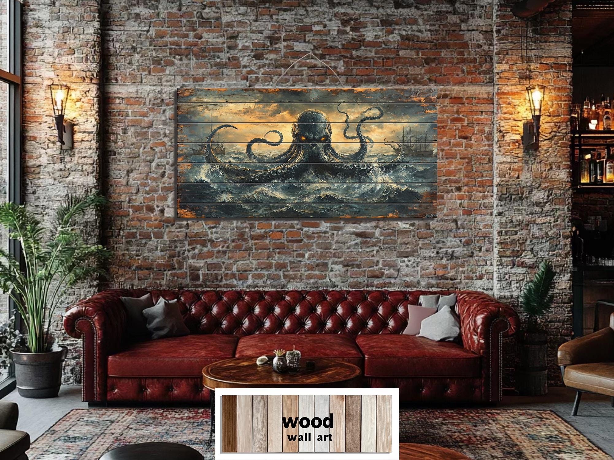Kraken Wall Art | Storm Ocean Art on Distressed Wood Plank | Rustic Nautical Decor for Men