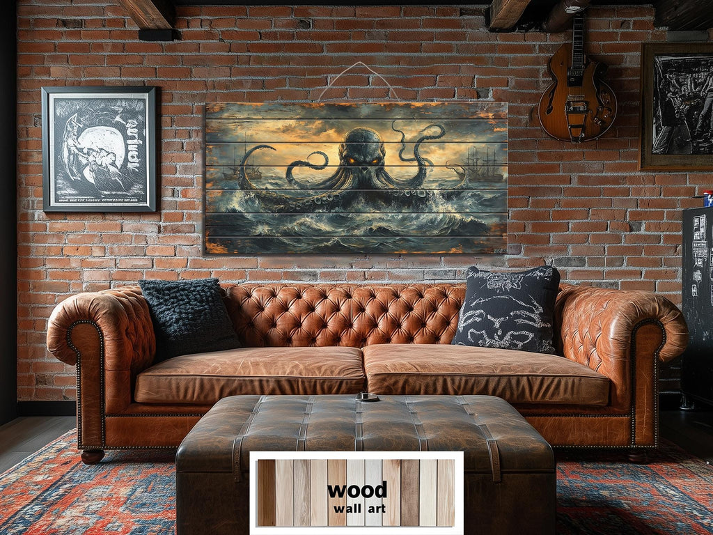 Kraken Wall Art | Storm Ocean Art on Distressed Wood Plank | Rustic Nautical Decor for Men