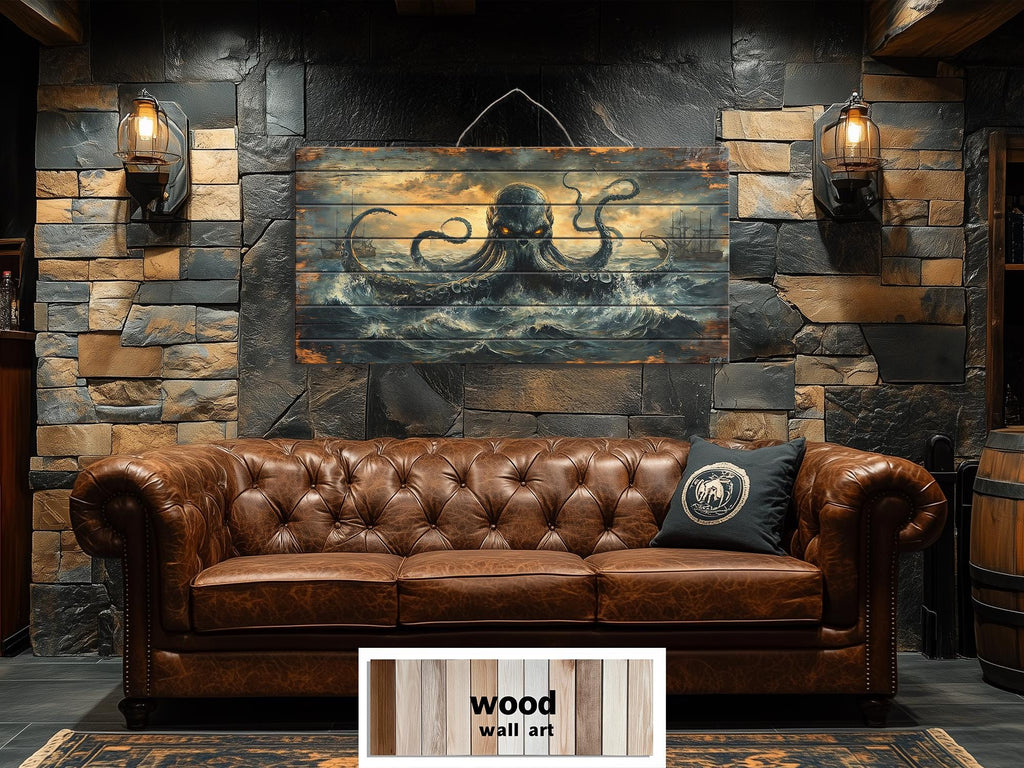 Kraken Wall Art | Storm Ocean Art on Distressed Wood Plank | Rustic Nautical Decor for Men