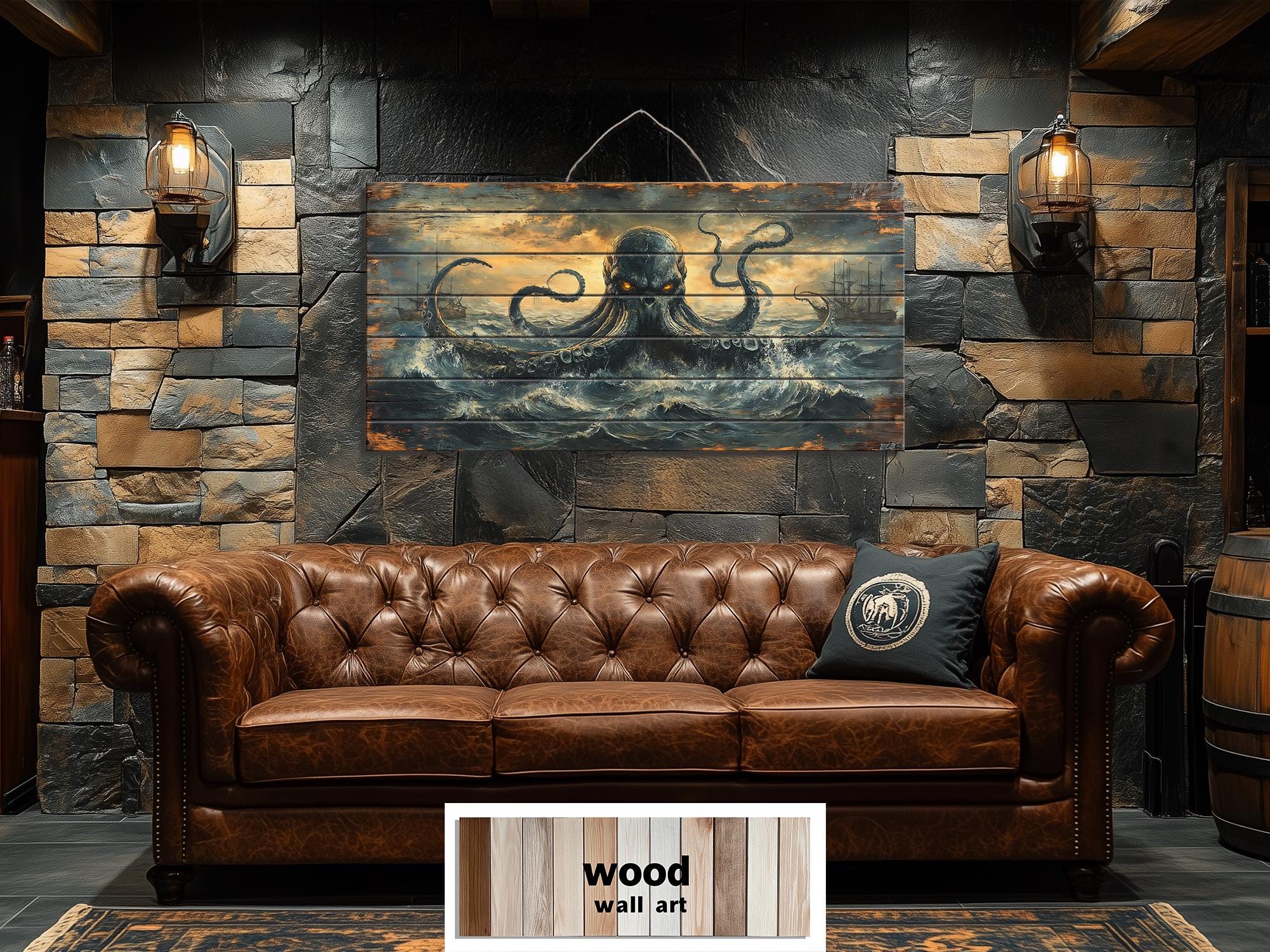 Kraken Wall Art | Storm Ocean Art on Distressed Wood Plank | Rustic Nautical Decor for Men
