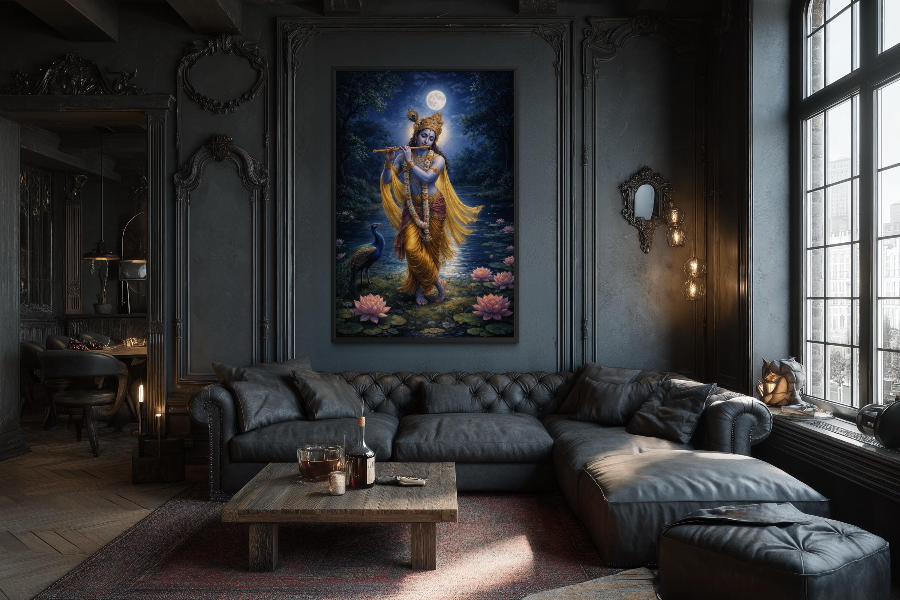 Krishna Wall Art – Indian Deity Painting With Lotus Pond | Meditation Canvas Print