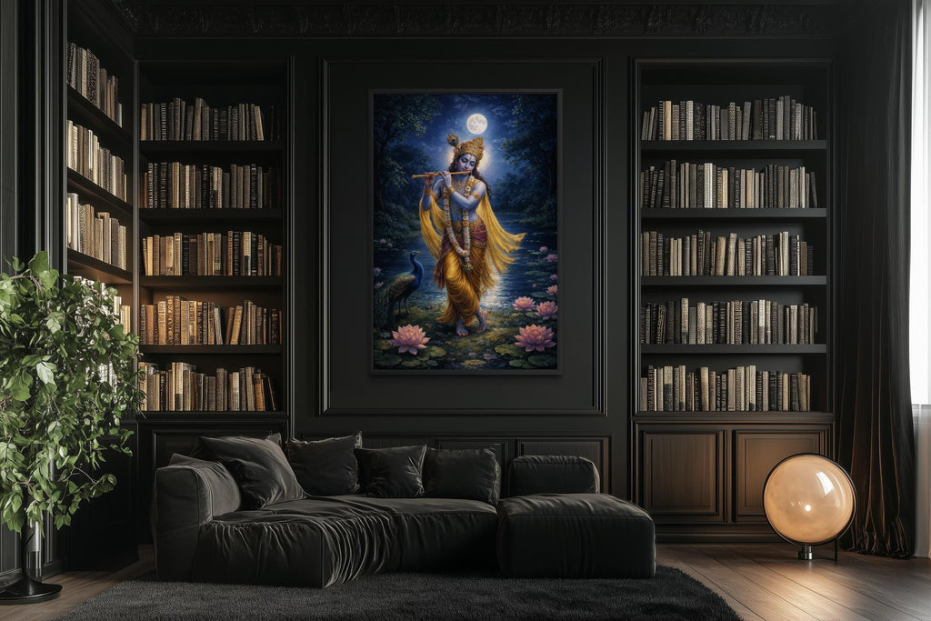 Krishna Wall Art – Indian Deity Painting With Lotus Pond | Meditation Canvas Print