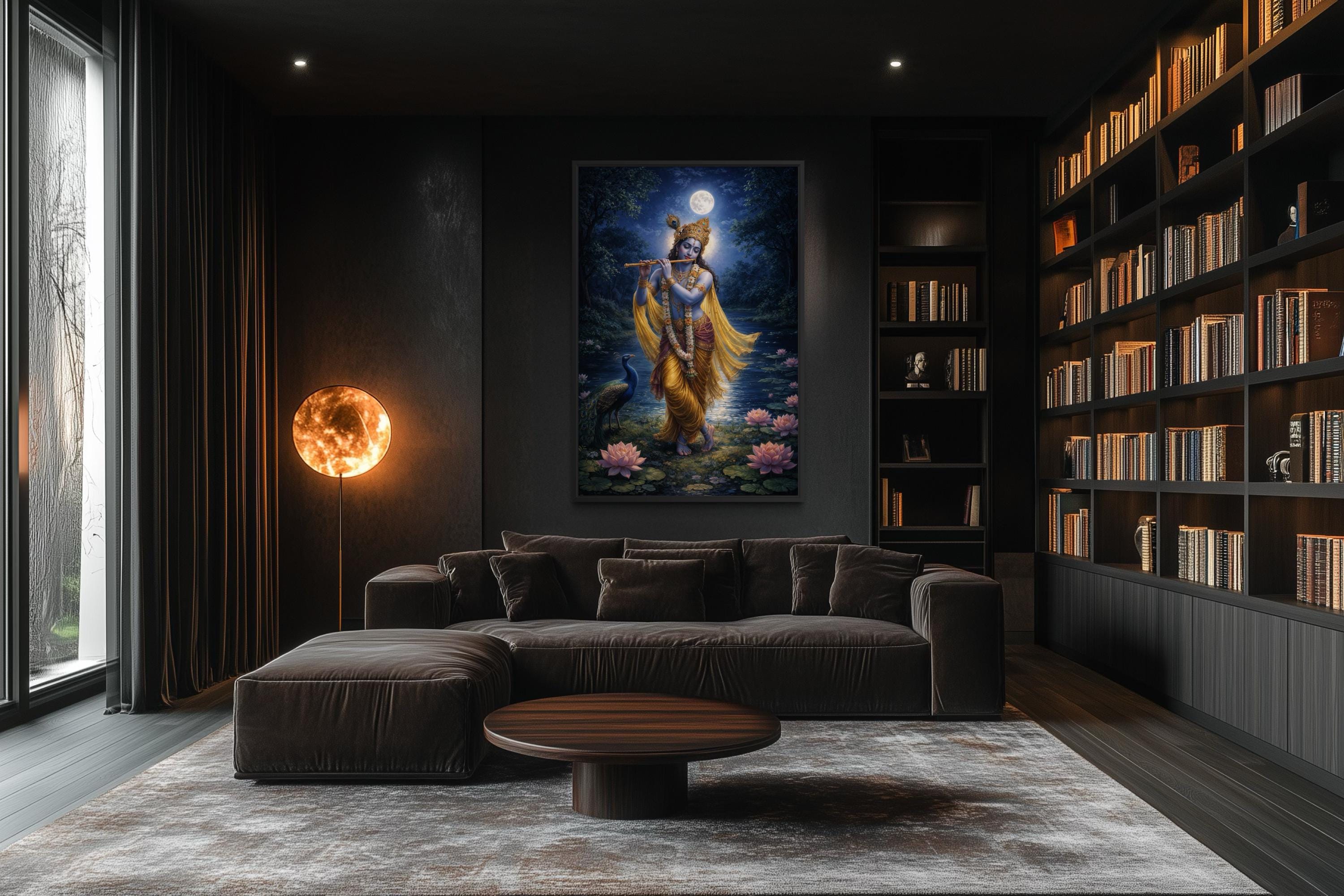 Krishna Wall Art – Indian Deity Painting With Lotus Pond | Meditation Canvas Print
