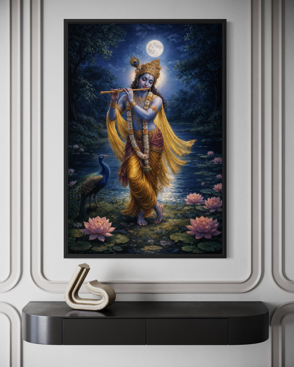 Krishna Wall Art – Indian Deity Painting With Lotus Pond | Meditation Canvas Print