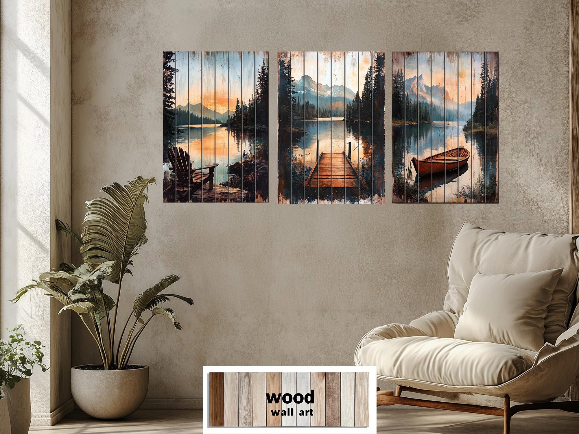Lake House Distressed Wood Wall Art Set of 3 – Adirondack Chair, Fishing Dock, and Canoe on Mountain Lake
