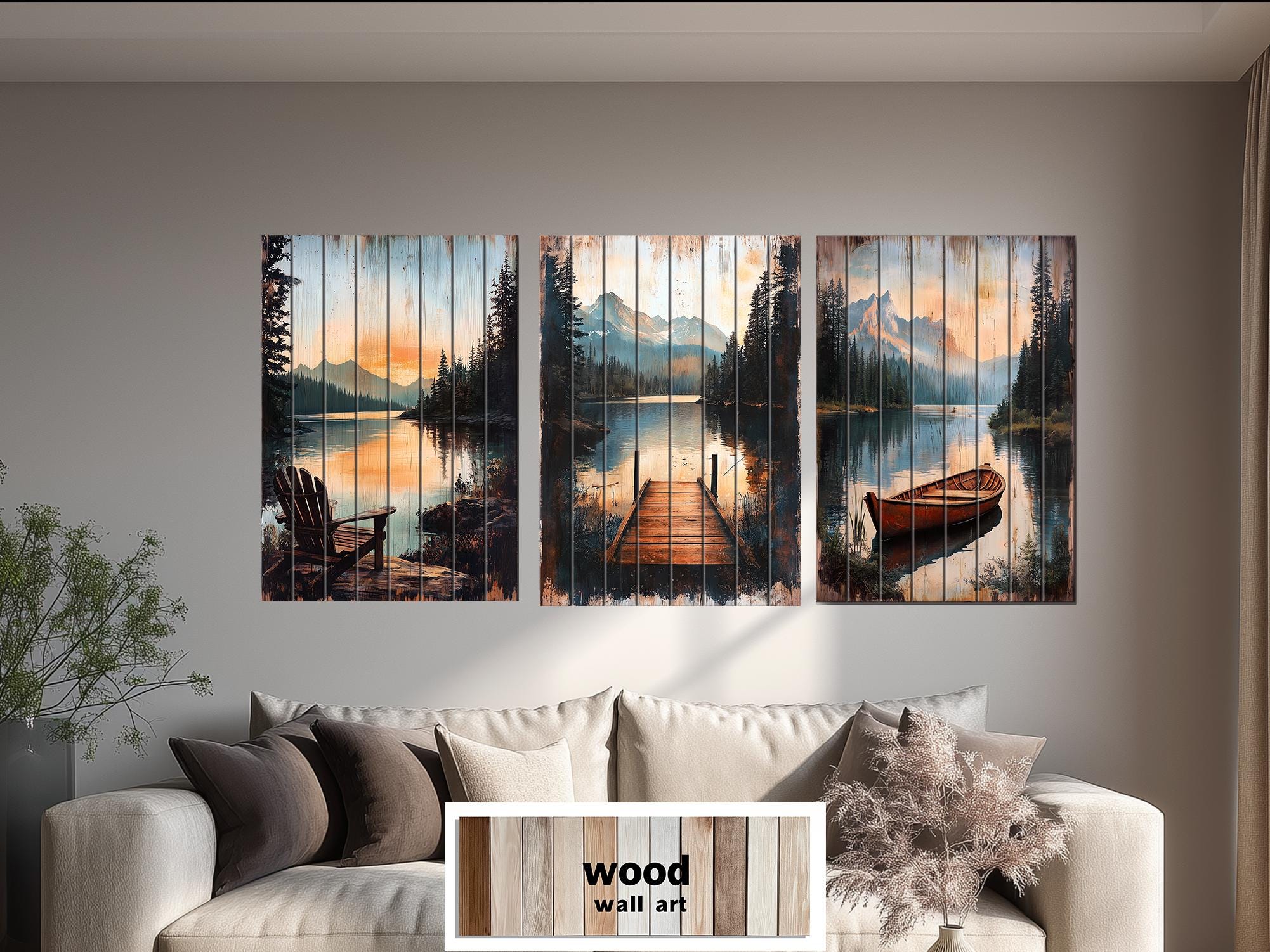 Lake House Distressed Wood Wall Art Set of 3 – Adirondack Chair, Fishing Dock, and Canoe on Mountain Lake