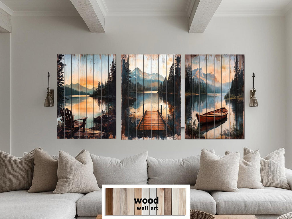 Lake House Distressed Wood Wall Art Set of 3 – Adirondack Chair, Fishing Dock, and Canoe on Mountain Lake