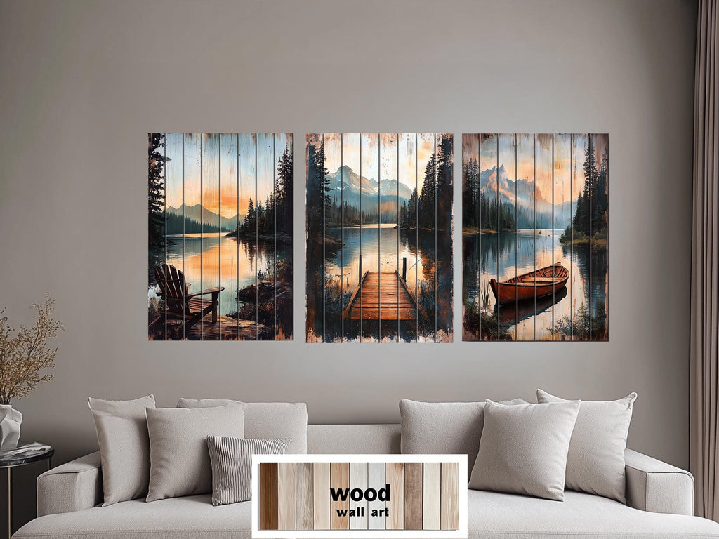 Lake House Distressed Wood Wall Art Set of 3 – Adirondack Chair, Fishing Dock, and Canoe on Mountain Lake