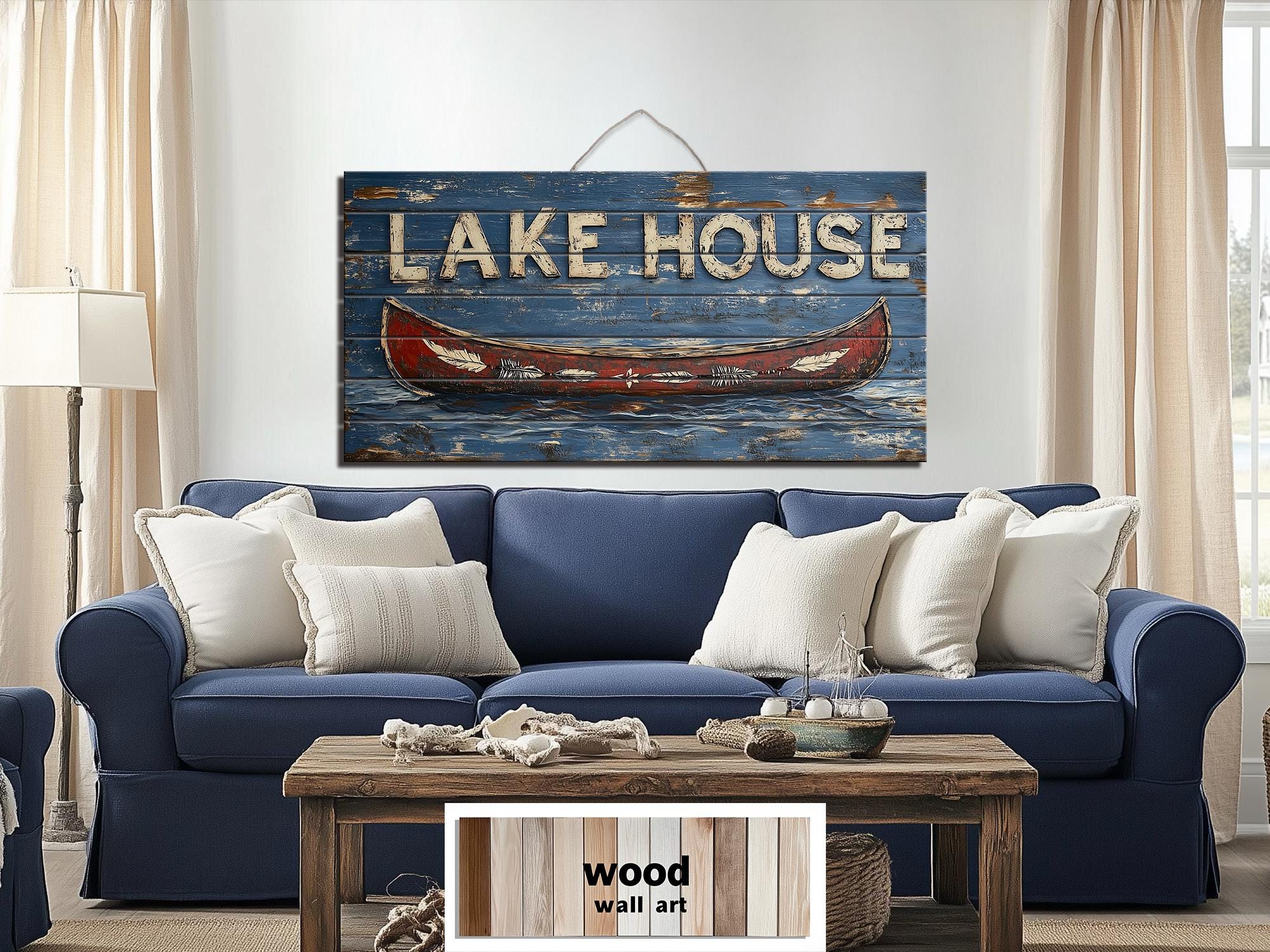 Lake House Sign With Red Canoe Real Wood Wall Art