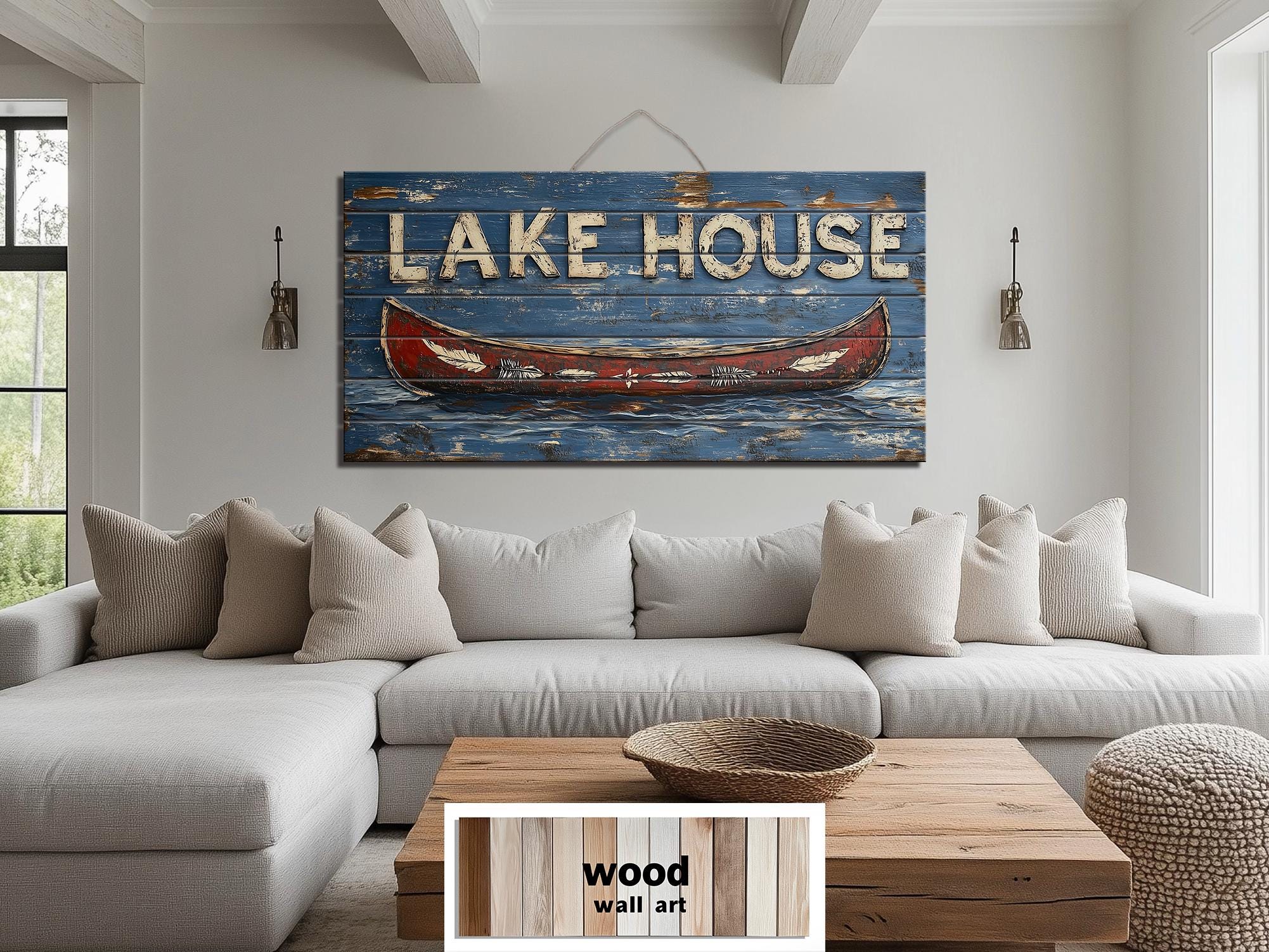 Lake House Sign With Red Canoe Real Wood Wall Art