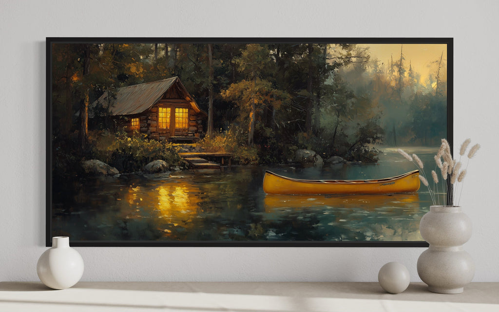 Lake House Wall Art – Framed Rustic Lakehouse Canvas Print With Yellow Canoe