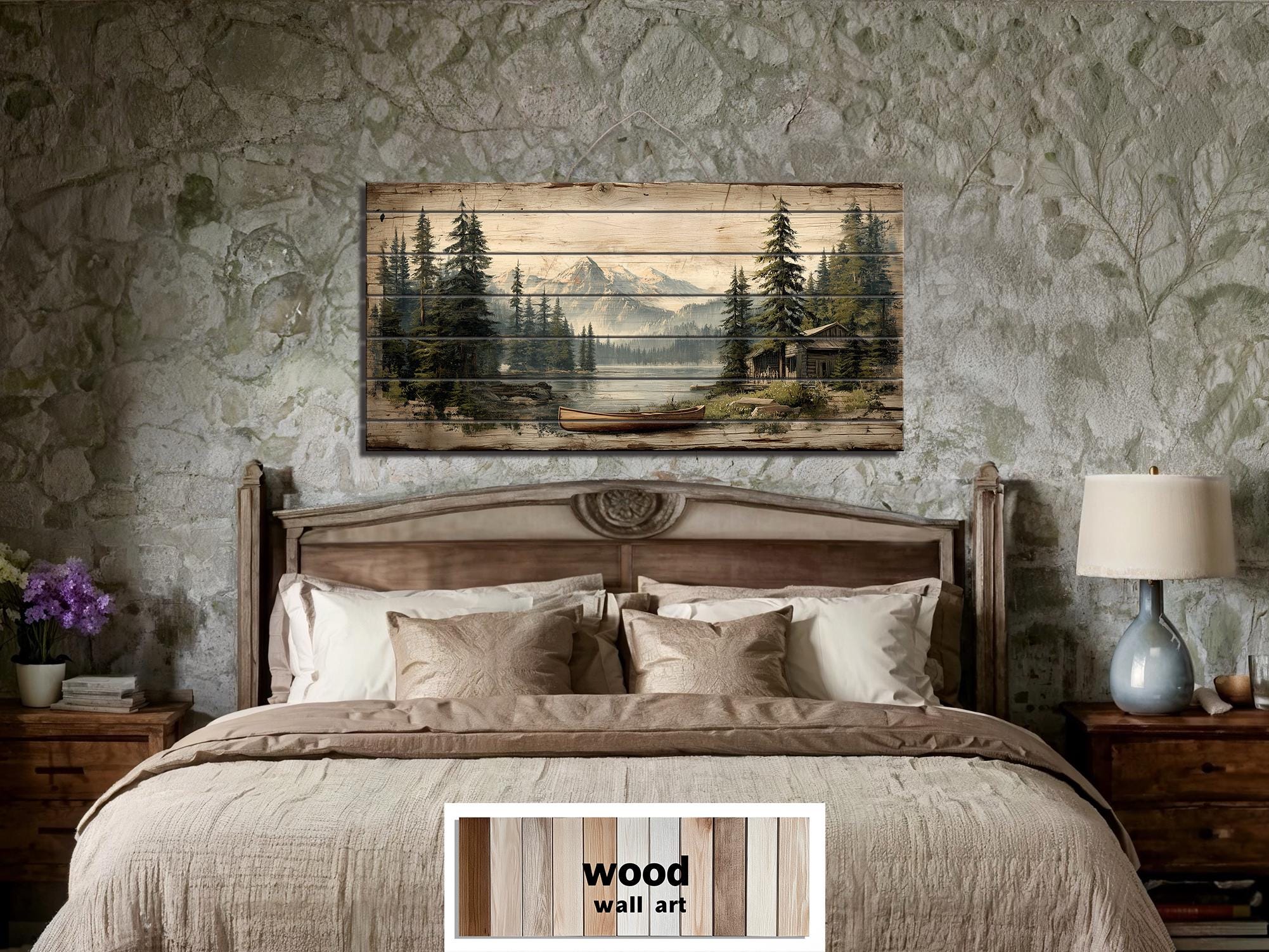 Lake House with Canoe on Mountain Distressed Wood Wall Art