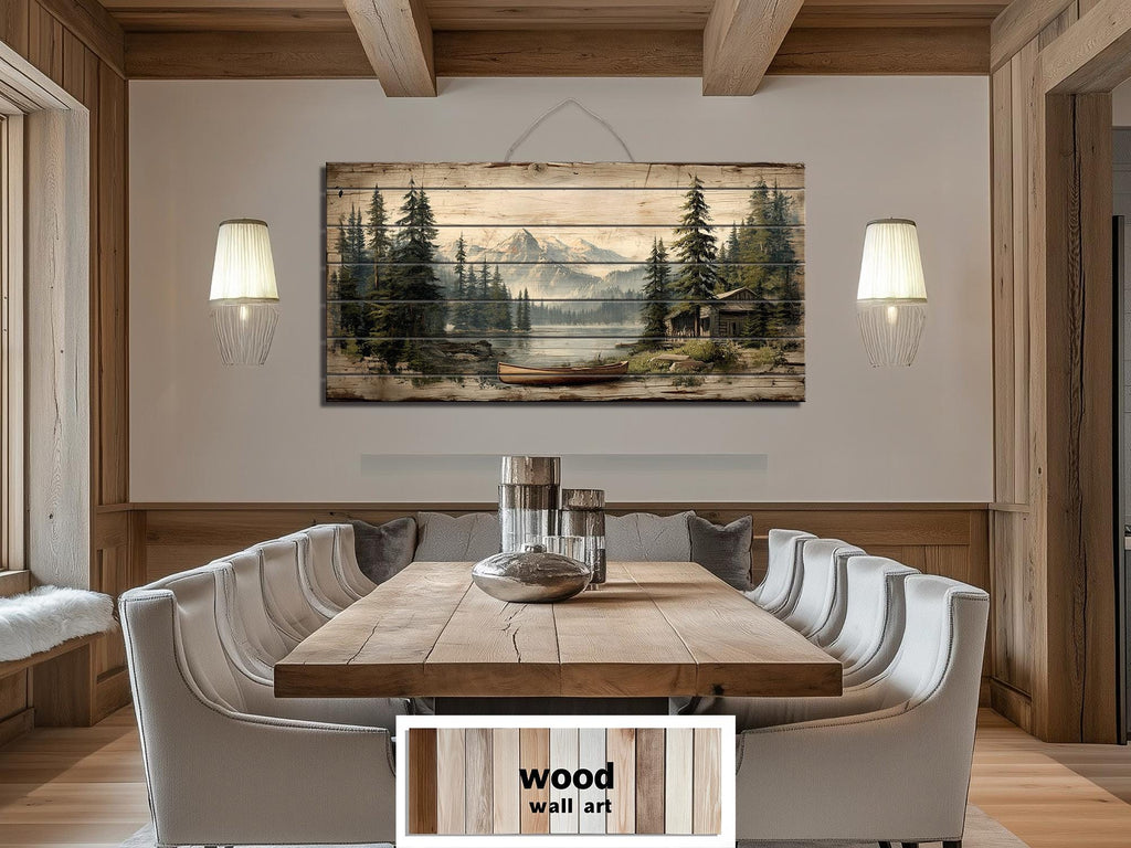 Lake House with Canoe on Mountain Distressed Wood Wall Art