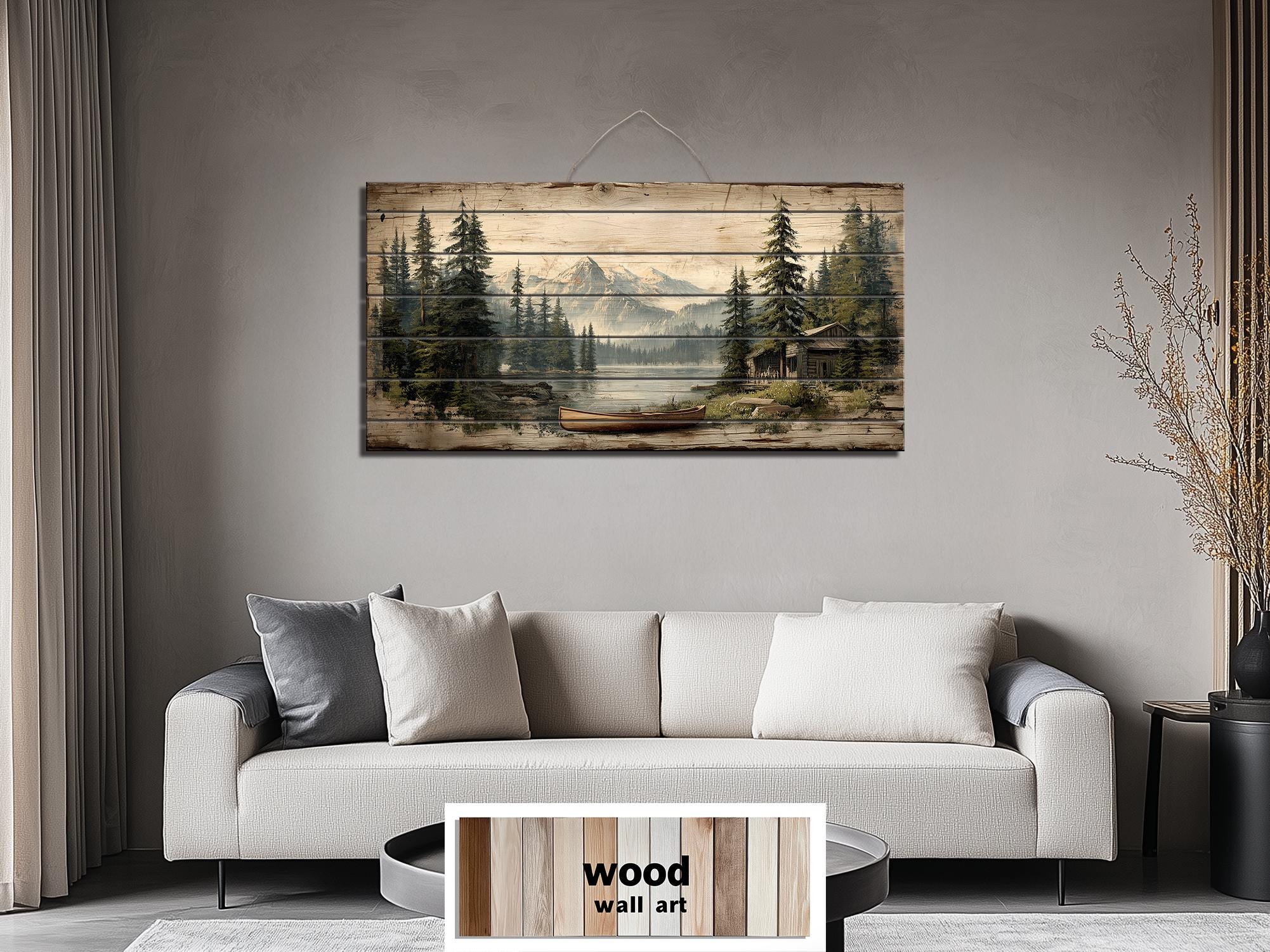 Lake House with Canoe on Mountain Distressed Wood Wall Art