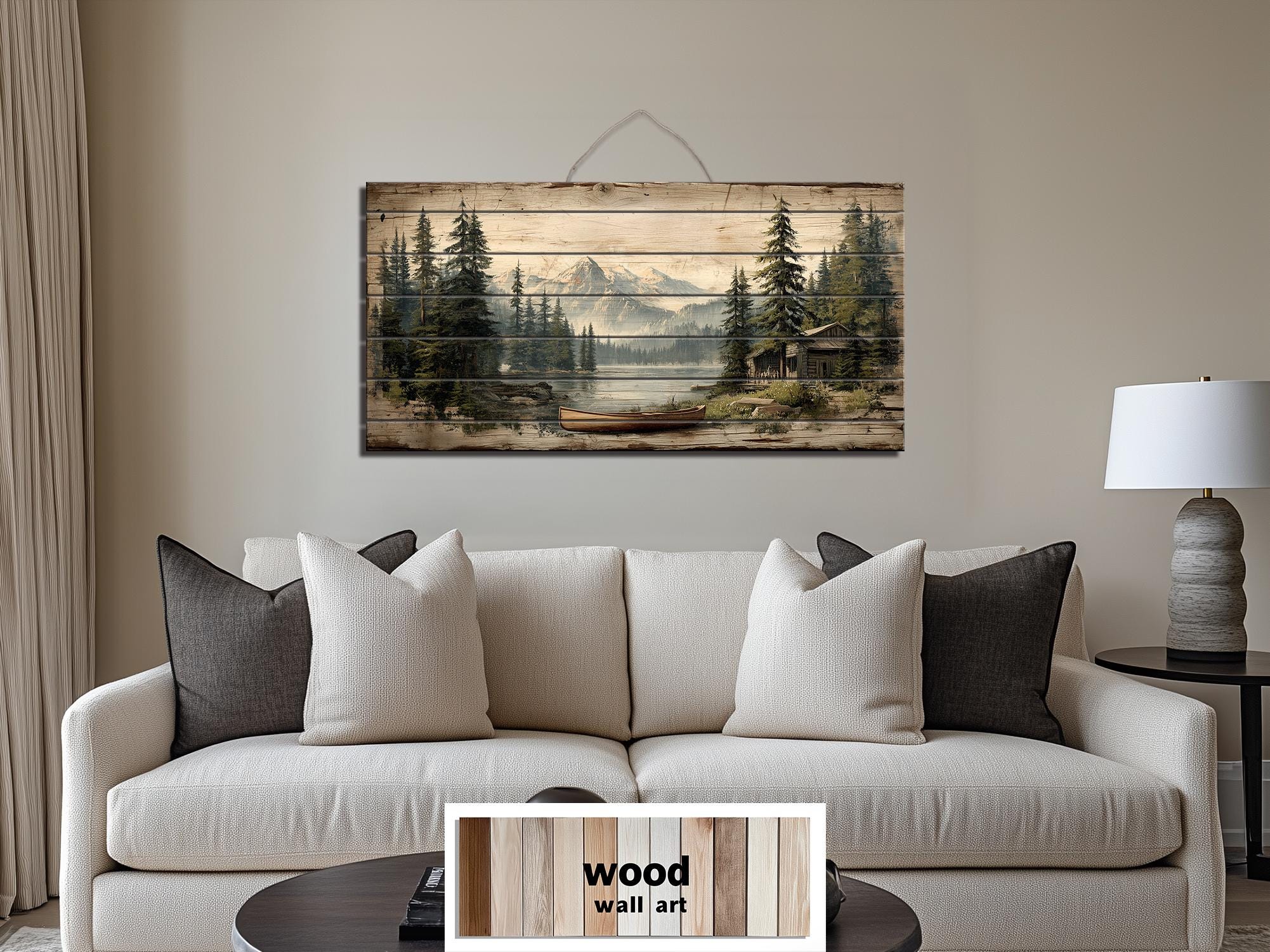 Lake House with Canoe on Mountain Distressed Wood Wall Art