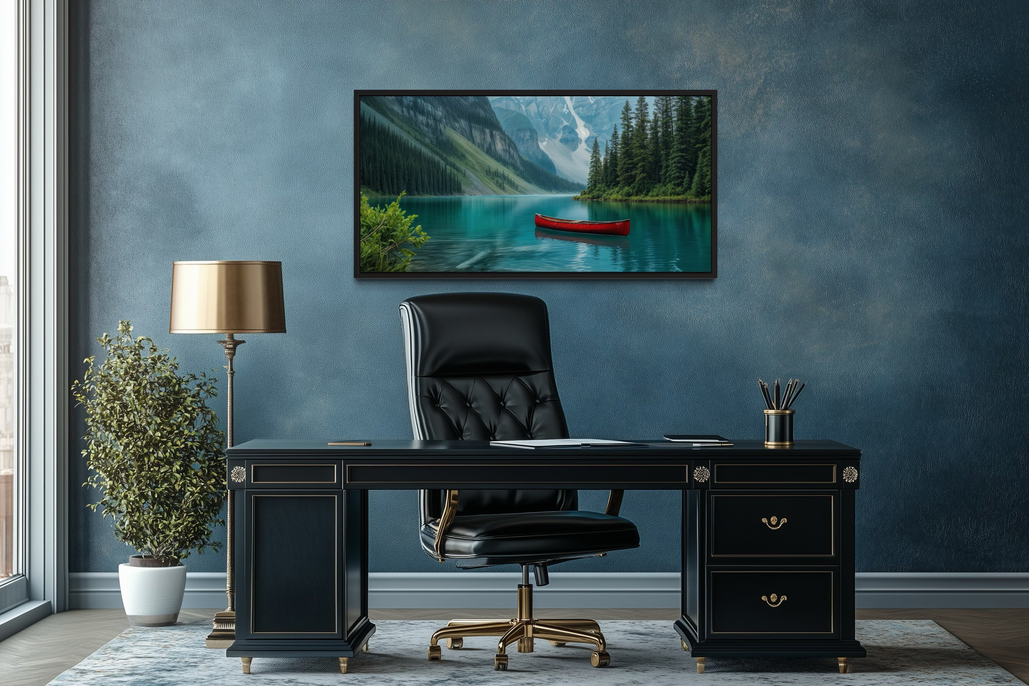 Lake Louise Wall Art – Framed Canvas Landscape With Red Canoe for Rustic Home Decor