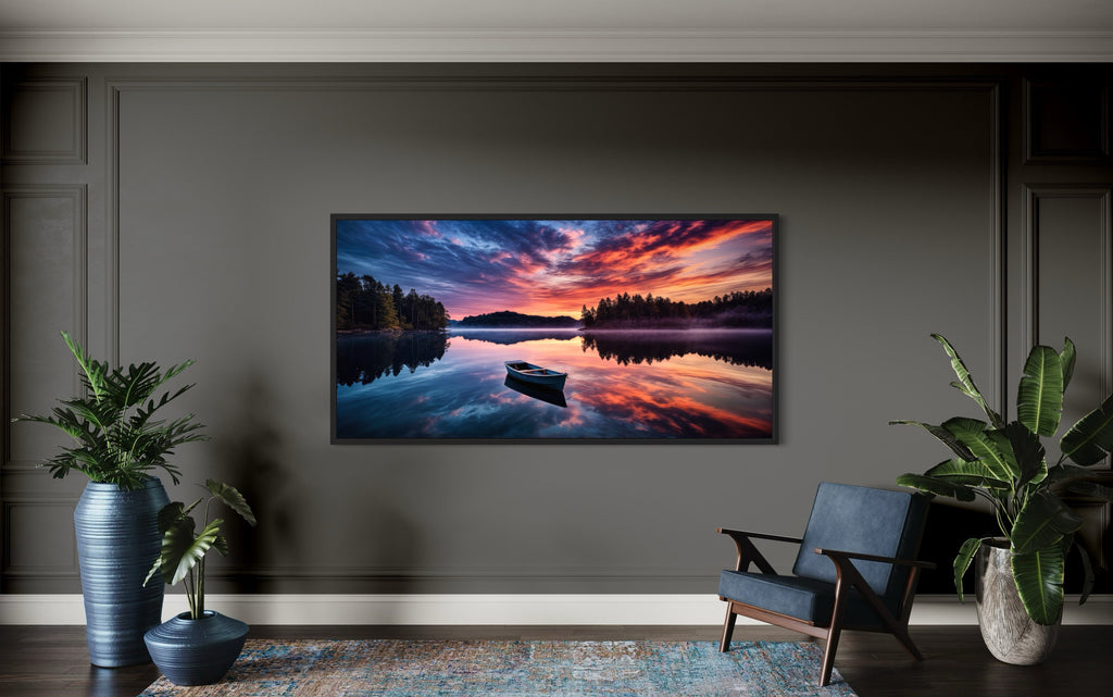 Lake Sunset Wall Art – Framed Canvas Print of Serene Boat Landscape for Lake House Decor