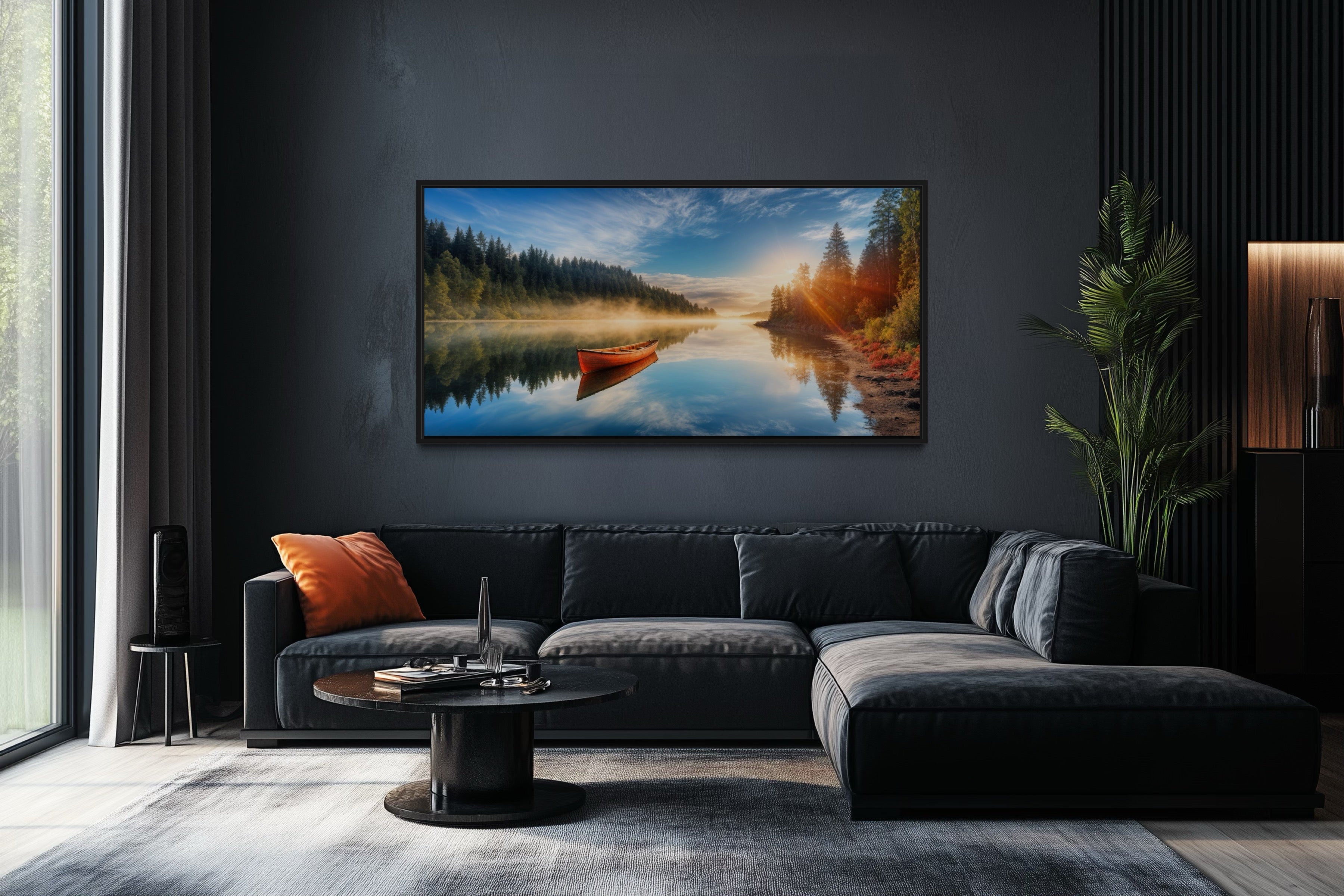 Lake With Red Canoe Wall Art – Framed Canvas Print for Rustic Lake House Decor
