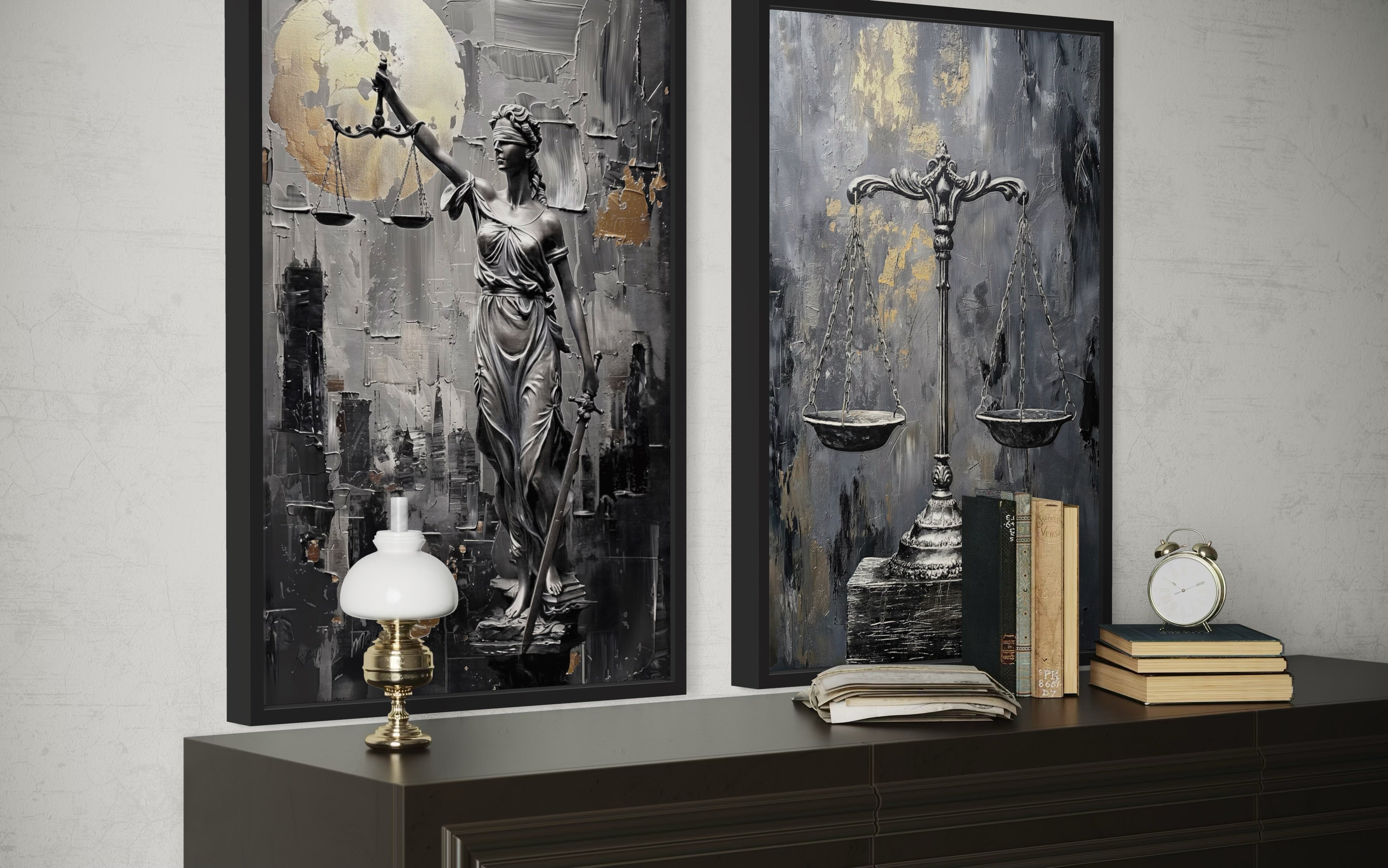 Law Office Set Of 2 Lady Justice And Scales Of Justice Framed Canvas Wall Art