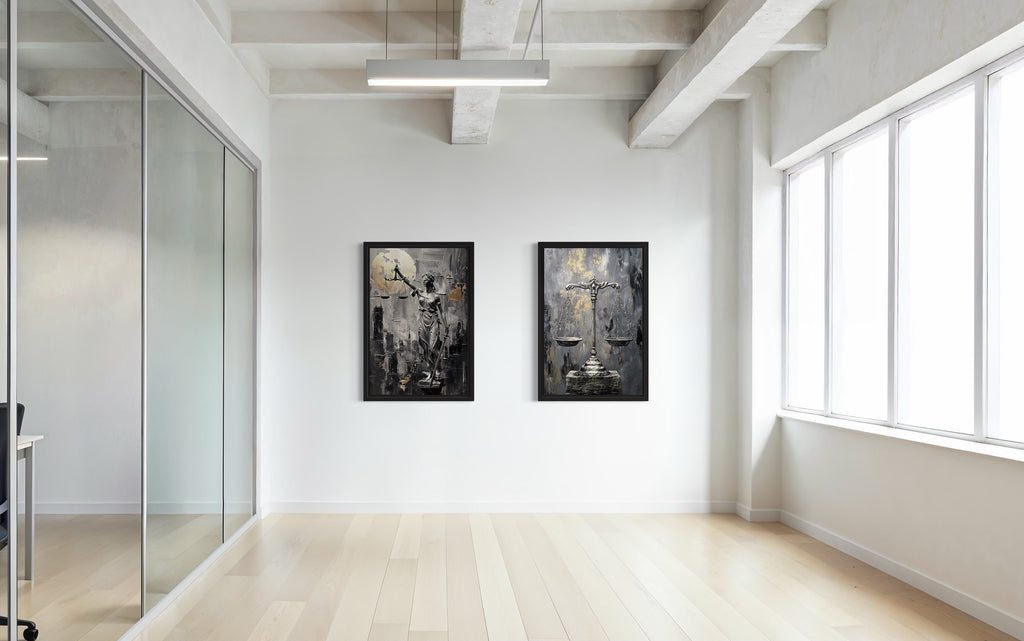 Law Office Set Of 2 Lady Justice And Scales Of Justice Framed Canvas Wall Art