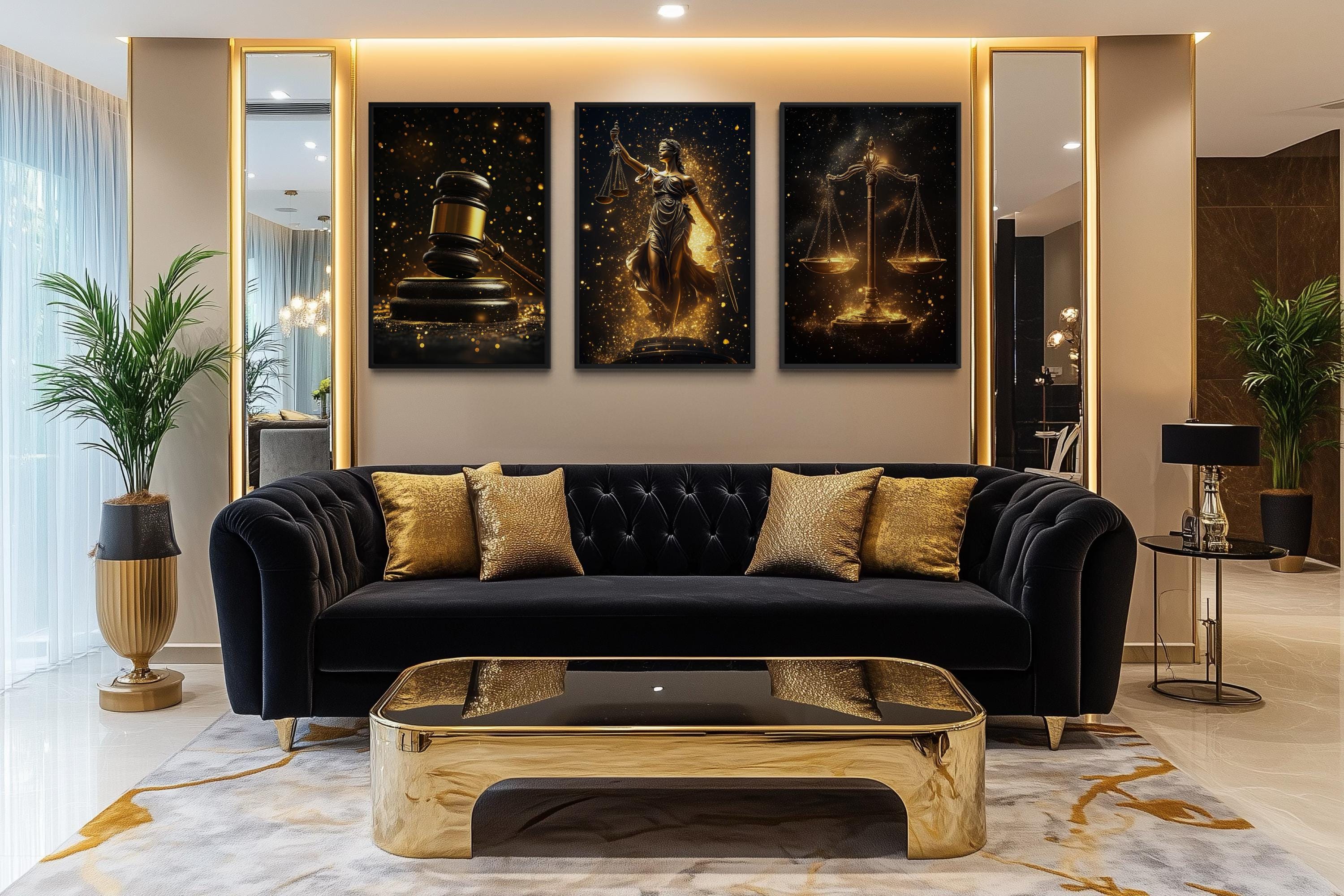 Law Office Wall Art – Black Gold Scales Of Justice Canvas Set With Lady Justice & Judge Gavel